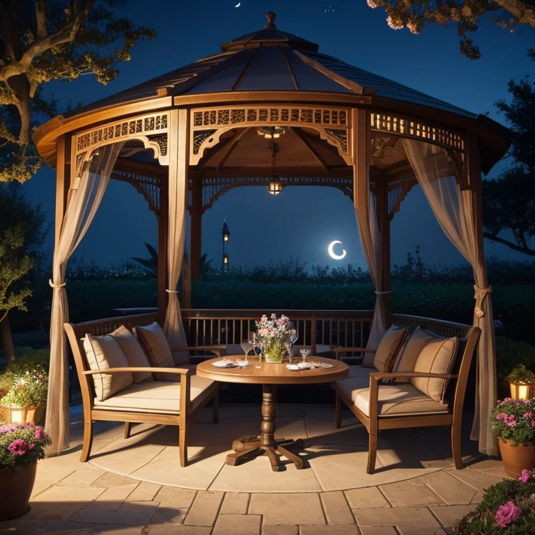 An openwork gazebo stands in the center of a blooming garden, inside a table with drinks and food, Benches ,with a night moon
