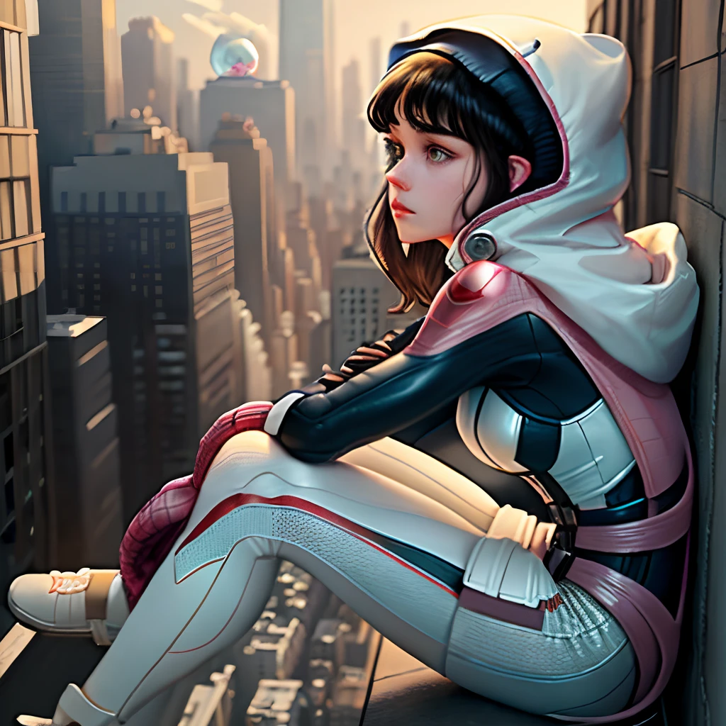 Woman side profile with blonde shoulder length hair and brown eyes in a white spiderman suit with a white hood layed over her head and a oversised bubble gum pink puffed jacket over her shoulders sitting on the edge of a building looking straight down off at a below busy, lively city with a man standing behind her on the building roof that is in a black spiderman suit with short black frayed hair and dark eyes with slightly pale skin looking down at the city with the women in a Disney Pixar 3d art style