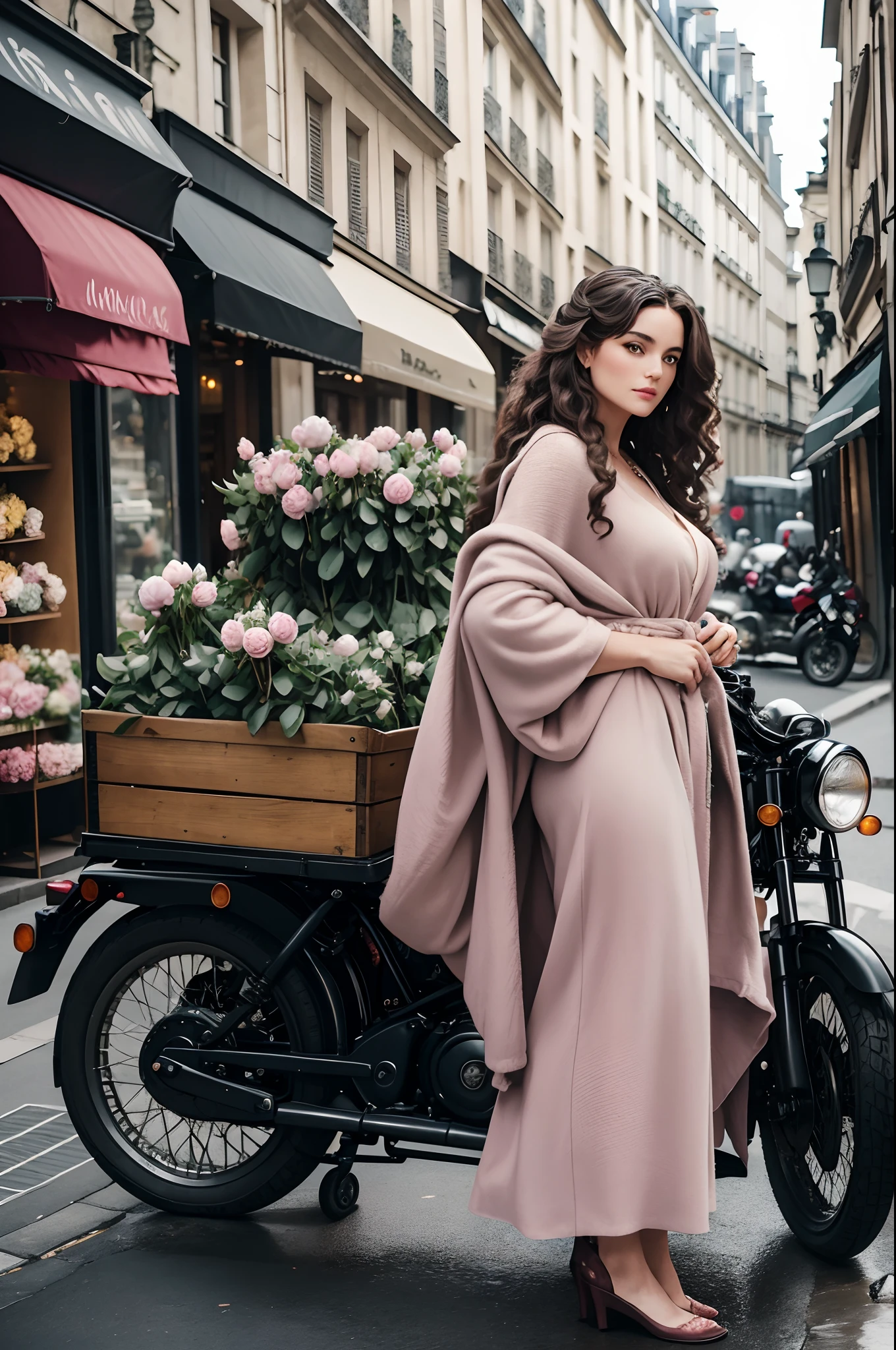 Photo shoot of a old money girl with long curly hairs dressed in huge pillows and blankets, Vogue style, in the middle of a Paris street, with a motorcycle blurred in the foreground, In the background are trucks with baskets of peonies in the backs of their trucks --v 5.2 --style raw 50 --ar 1:1 --s 2