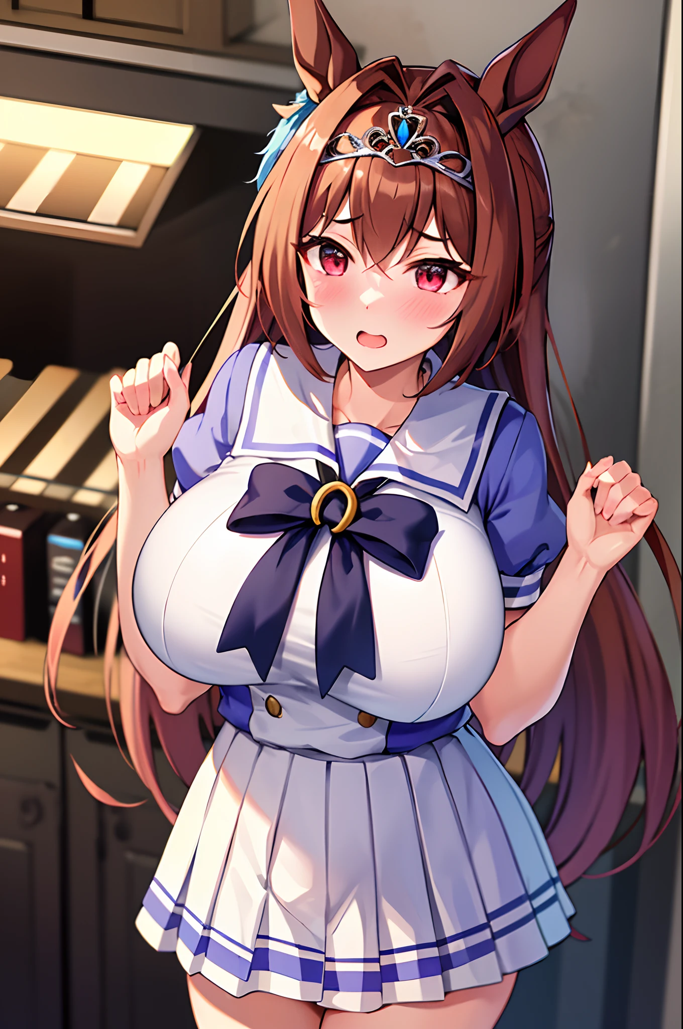 ((Table t○p, highest quality, Hi-Res Lucifer,Anime Screen Capture、Perfect Pixel, 4K、nsfw)))、Perfect Anatomy、(((Huge breasts、Swollen nipples、Wide Hips、Wide ass、Thick thighs)))、Sweat, ((White Panties、White kimono、open chest dress、Red mini skirt)),(Blue colored eyes)、((Long twin tails、Fox ears))、((brown hair)), Red ribbon、、Shrine maiden、((((blush、Embarrassing))))、Tight clothing、:○、(Inside the spaceship)、Hands on chest、Crouching、Spreading her legs