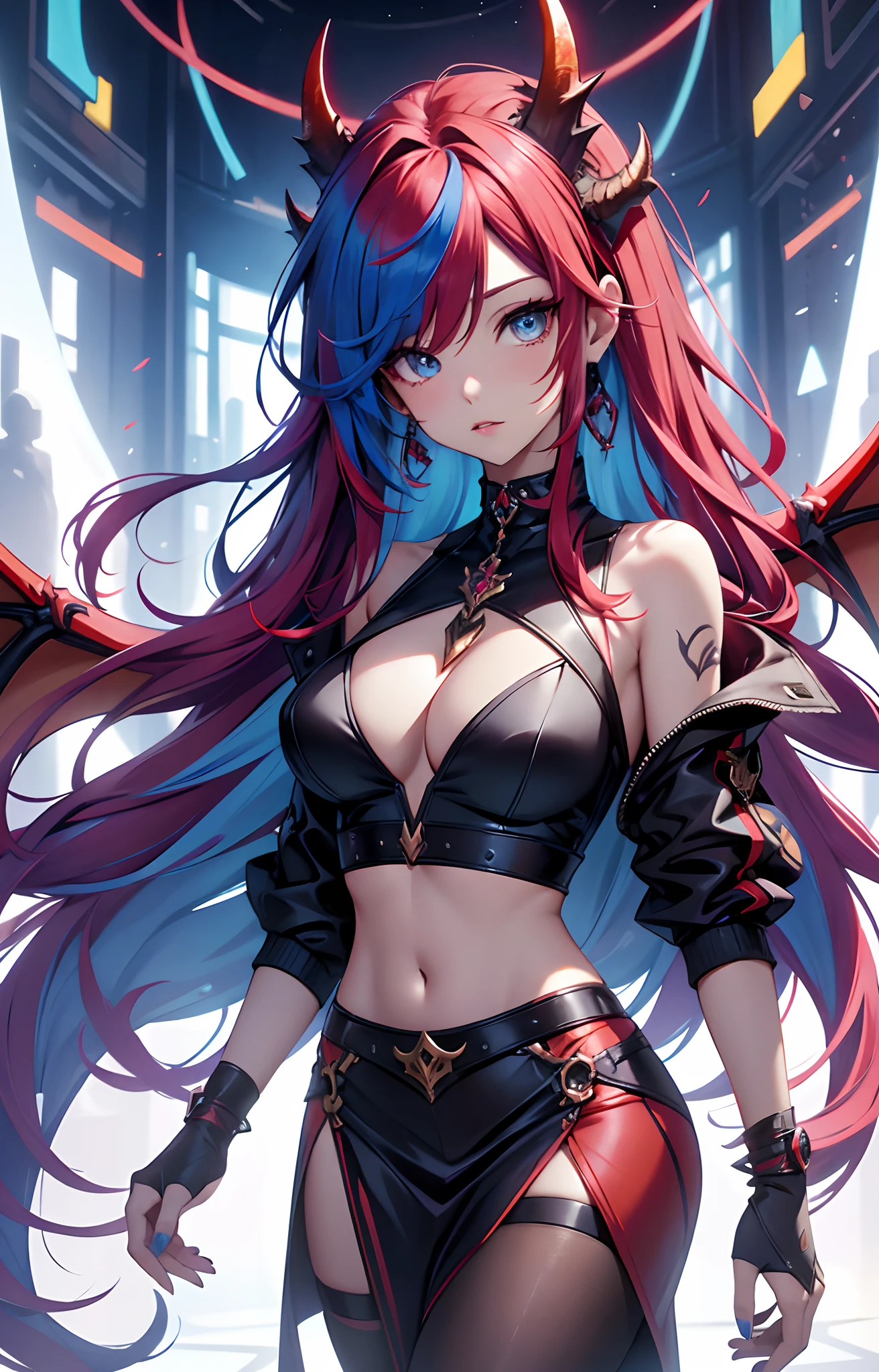 best qualityer,tmasterpiece,Ultimate resolution,downy,Extremely colorful,Colorful,Dragon beauty,Mature face shape,Long red and blue hair,blue color eyes,(Long red and blue hair),Redlip,Long messy hair,A pair of dragon horns,A pair of dragon wings,a matural female,Crop topping,Superskirt,The kinky is exposed,Sanctuary,Skysky,Normal posture