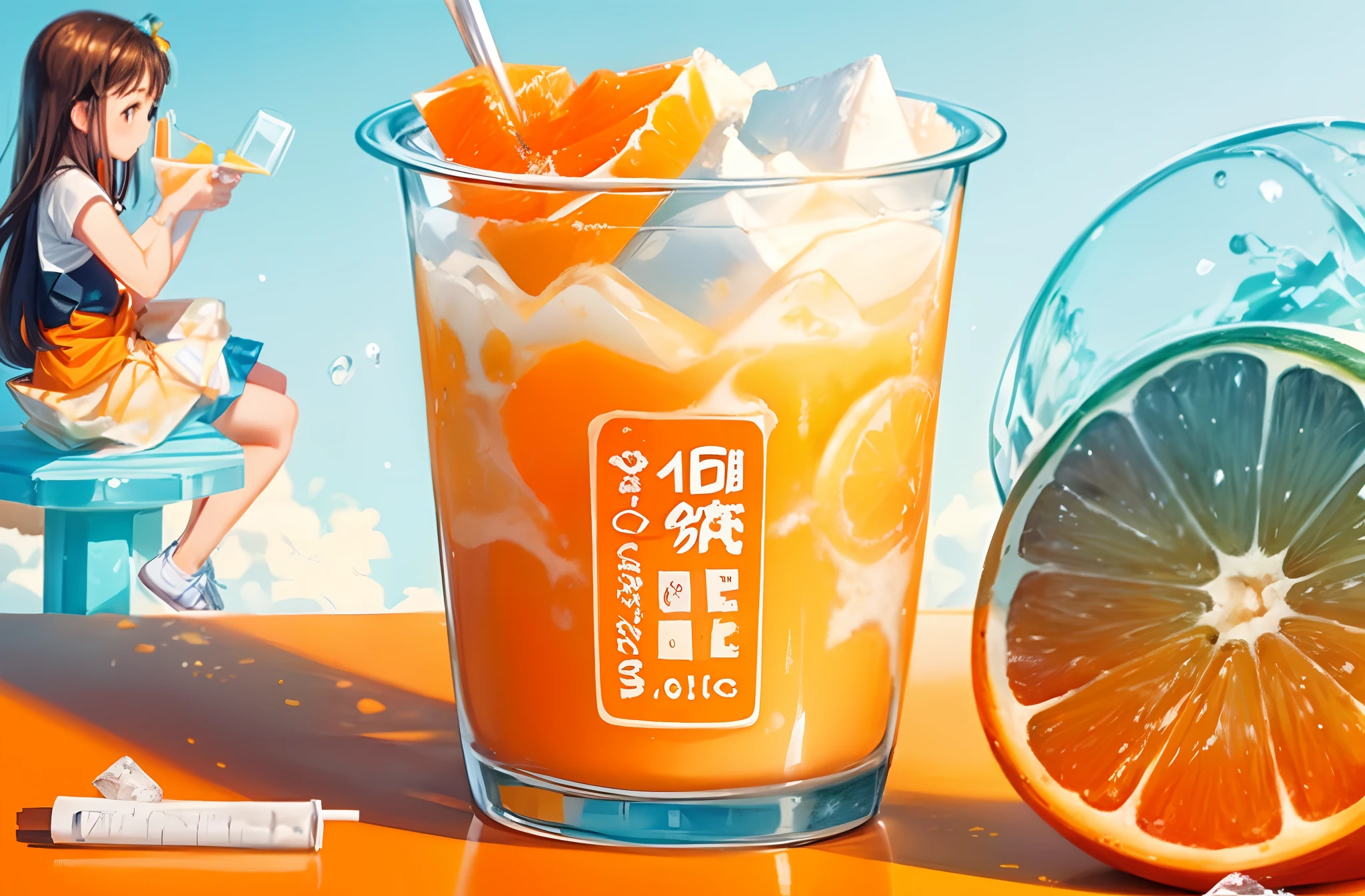 1cup, ((orange)), milk, fresh orange yakult, ice cube, summer theme