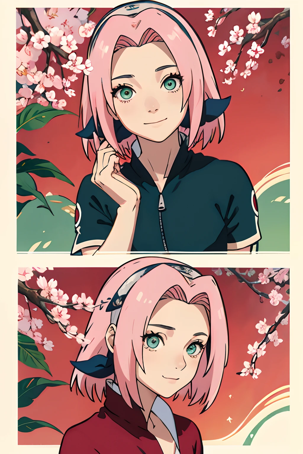 tmasterpiece, La mejor calidad en el mejor de los casos, 1girll, Sakura Haruno, senos grandes,Vestimenta fuera del hombro,(escote),(Primer plano de la parte superior del cuerpo),Criado sexy,is shy,smil,con cabello rosado, Pelo largo blanquecino, (Globos oculares verdes:1.4), Forehead protection, Los cerezos,Cerezos en flor volando,Ropa roja,Media cremallera