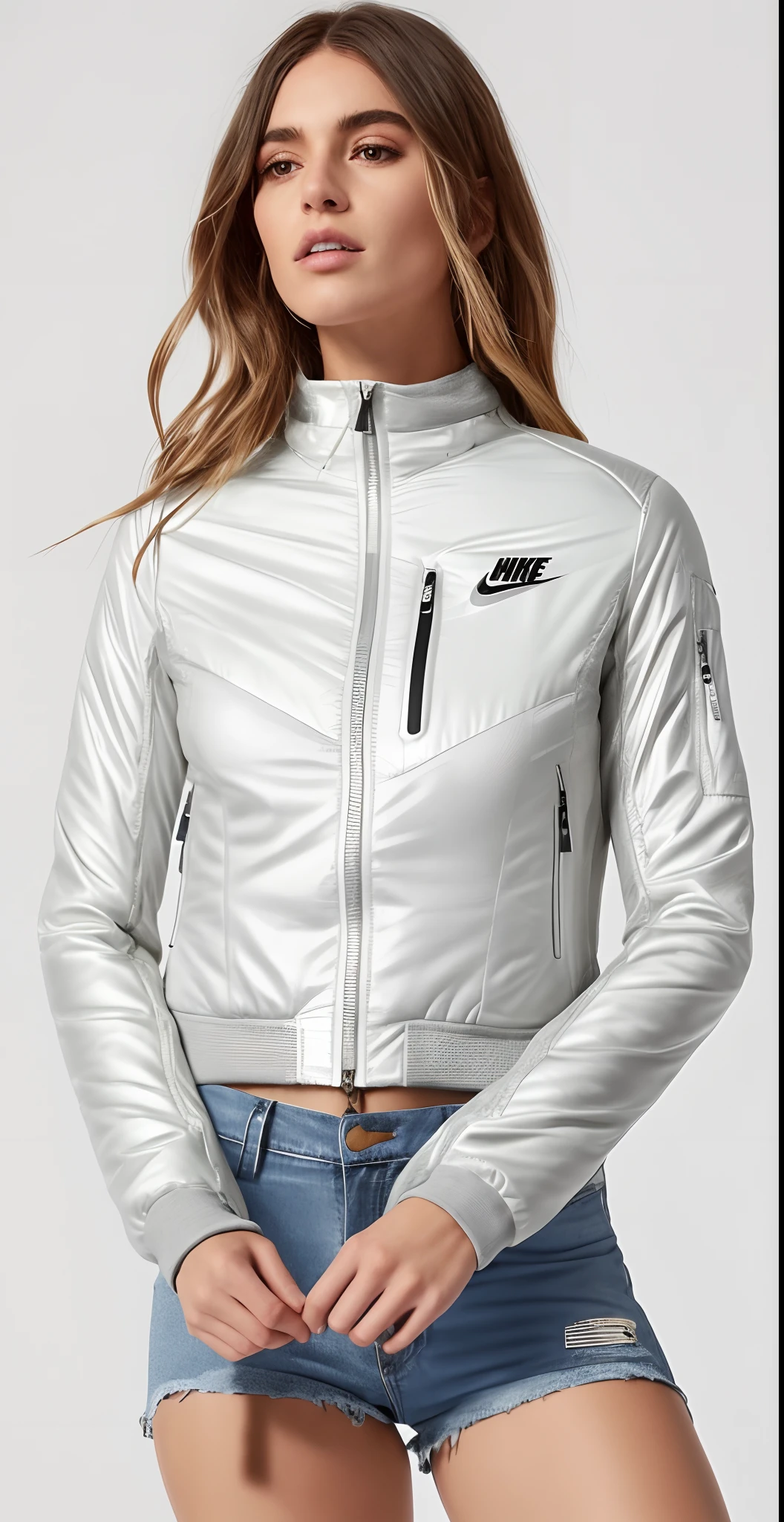 uma mulher de jaqueta branca e shorts cinza posando para uma foto, suit jacket, jaqueta curta, jaqueta esportiva, white jacket, translucent body, jaqueta sobre tronco nu, desgaste sutil - e - rasgo, corpo transparente, INSPO, roupas esportivas, encapuzado, wearing jacket, Fato de ciclismo Nike, roupas esportivas, jaqueta bomber, Metal Refletivo, jaqueta puffer transparente