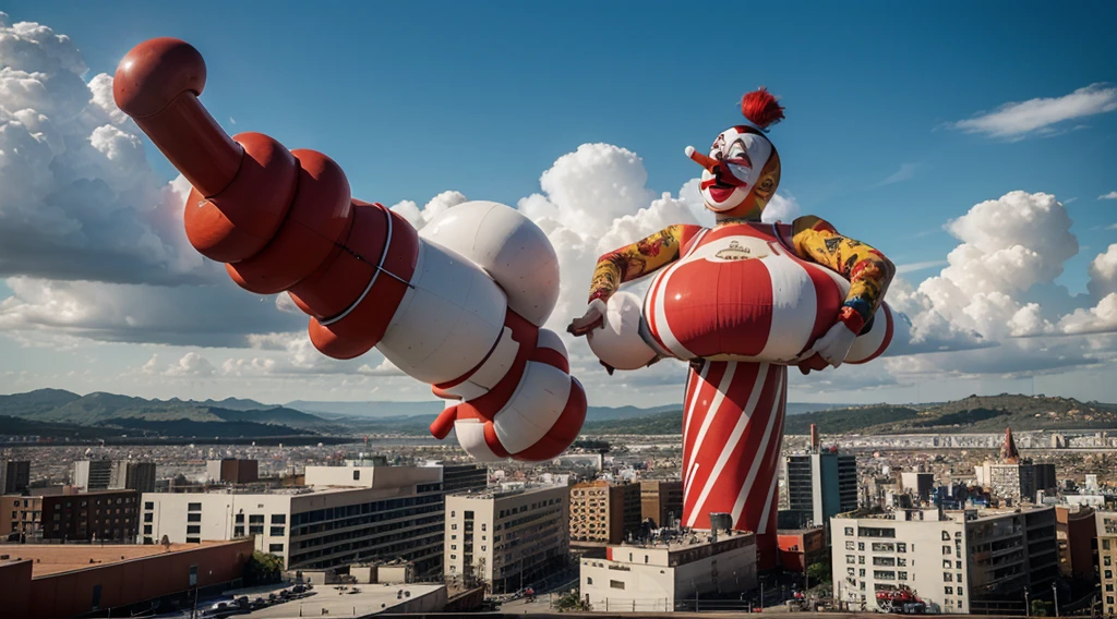 gigantic, mile tall clowns destroying a city, in the style of Gerald Scarfe