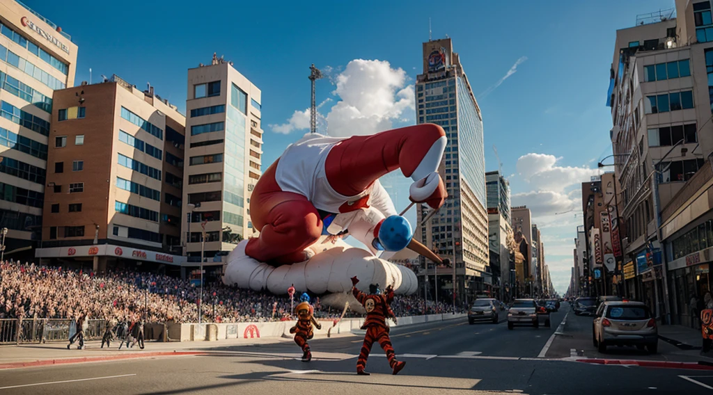 gigantic, mile tall clowns destroying a city, in the style of Gerald Scarfe