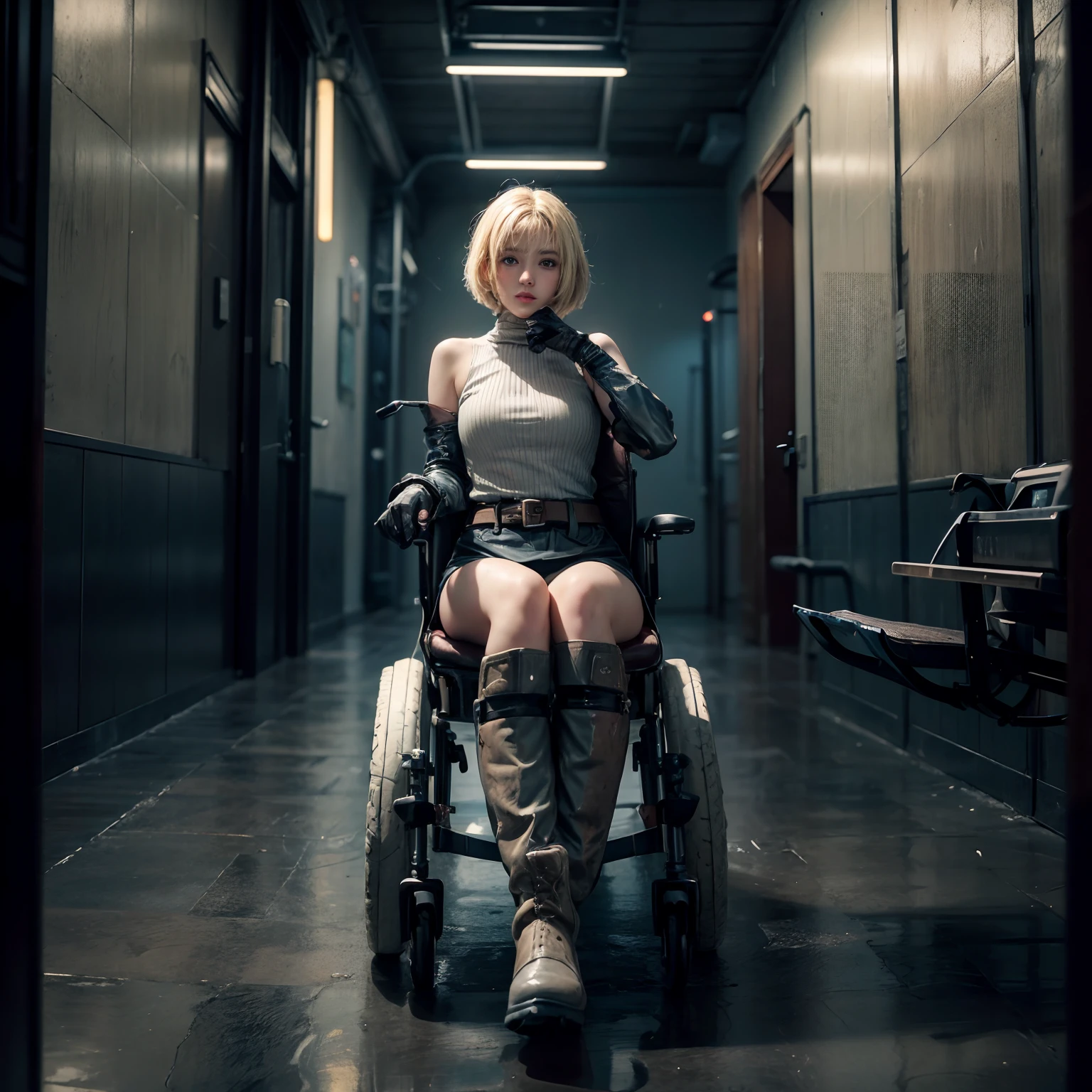 Sexy princess with blonde short bob、hospitals、I was in a wheelchair with a large backrest、Legs full of belts、Shin pads、long boots、Open Finger Gloves、cyberpunked、Magnificent Real、a picture、faded、Complicated stuff、the complex background、Wet neutral colors、((((hdr))))、((((Muted colors))))、complex scenes、art stations、intricate detailes、vignettes