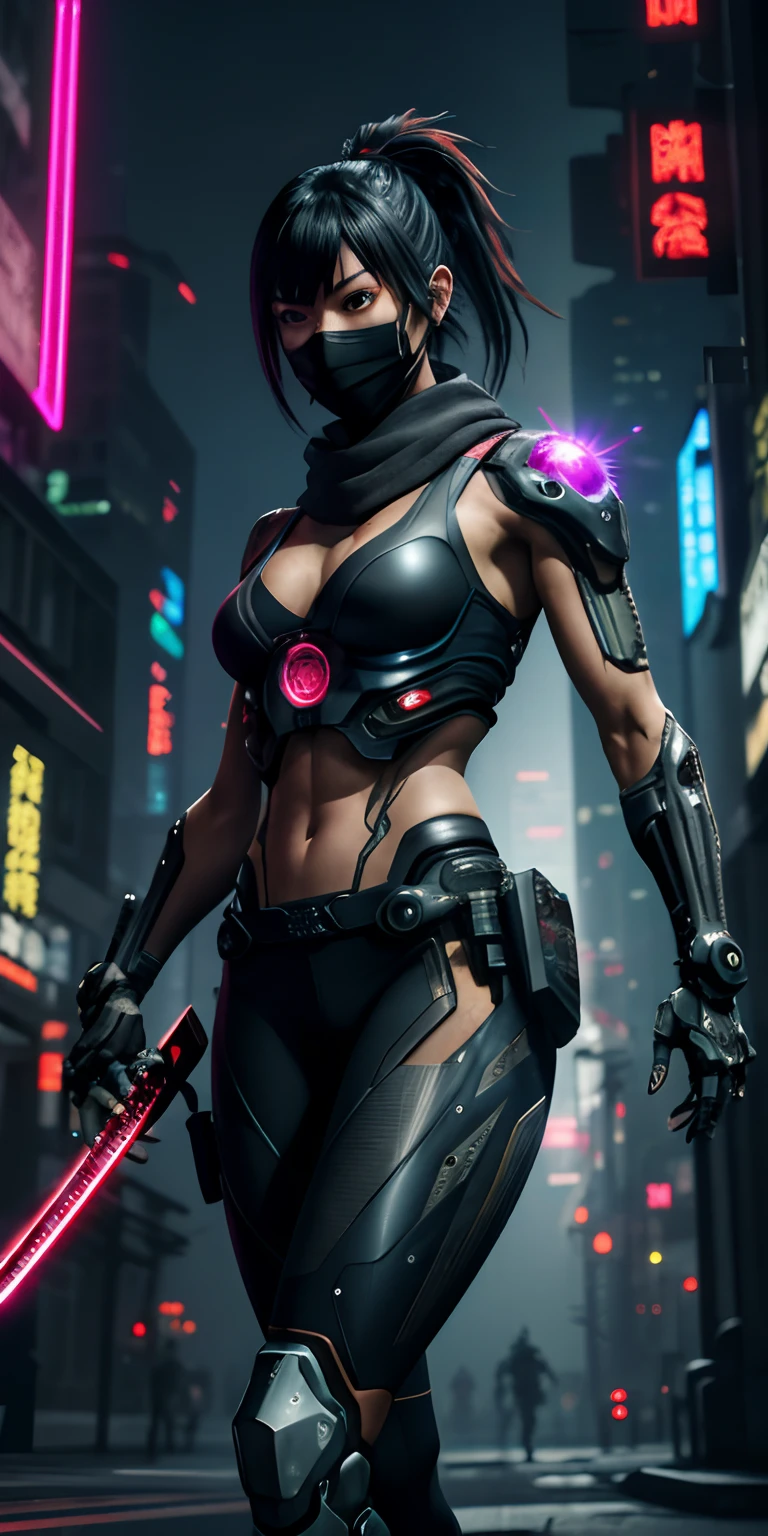 (Raw photo,realistic,photorealistic),dynamic angle,gorgeous,amazing,epic,ultra-detailed,1girl\(mecha\),(techpunkmask:1.2),slim body,kong-fu,black hair,black eyes,Chinese hairstyle,see-through,glowing body,cyberpunk,cyborg ninja,cinematic Lighting,Accent Lighting,dramatic_shadow,ray_tracing,complex clothes and patterns, fighting,(holding laser-katana:1.3),hair-bangs,red long scarf,highly real skin,outdoors, strong dynamic pose, neon lights, beautiful glowing,