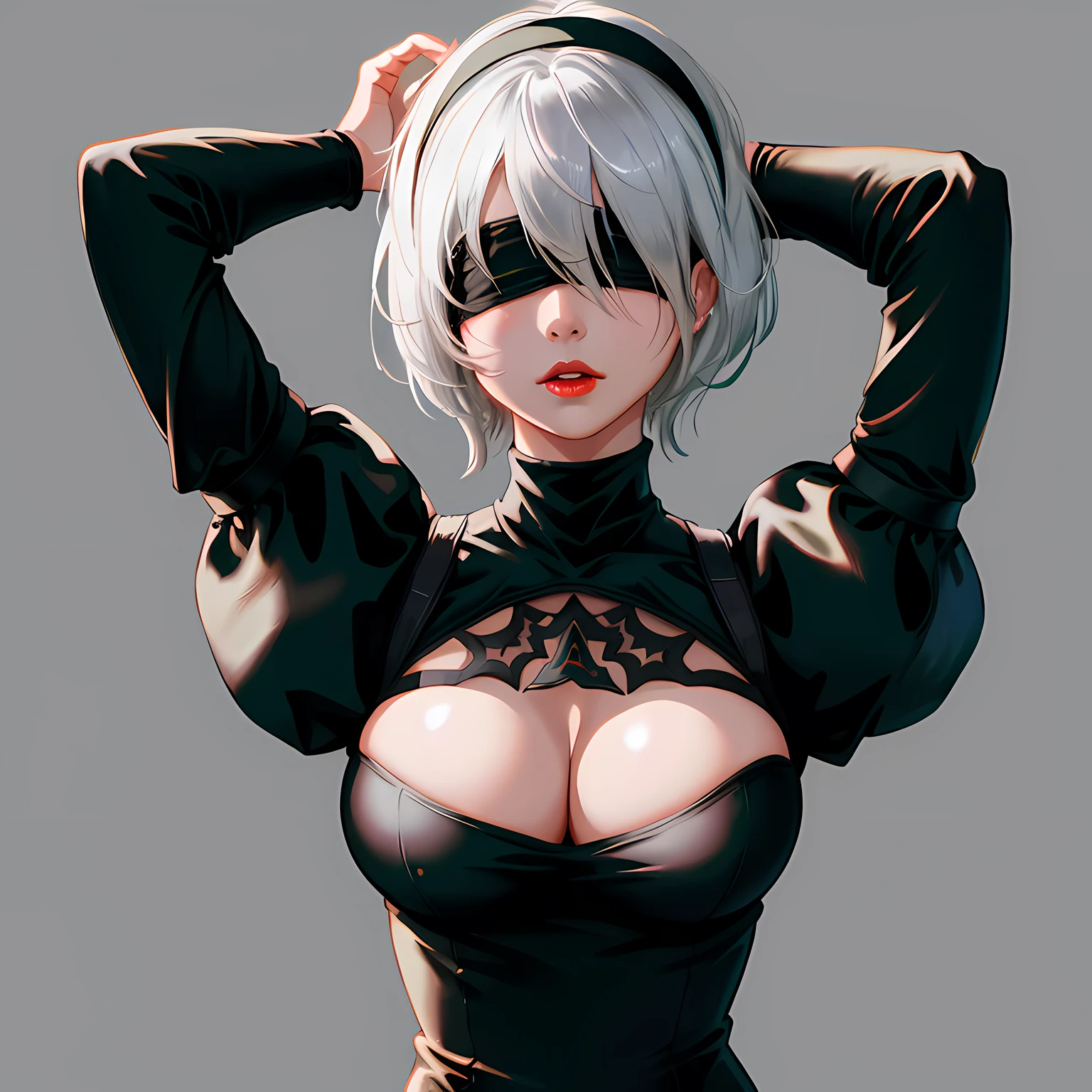 YoRHa2B,masterpiece, (photorealistic:1.4), best quality, beautiful lighting,1girl, wlop, ((blindfold)), breasts, cleavage, cleavage cutout, clothing cutout, green background, hair between eyes, hairband, highres, juliet sleeves, long sleeves, nier \(series\), nier automata, (puffy sleeves), red lips, shaded face, short hair, solo, turtleneck, upper body, white hair, sky RAW photo, 8k uhd, film grain
