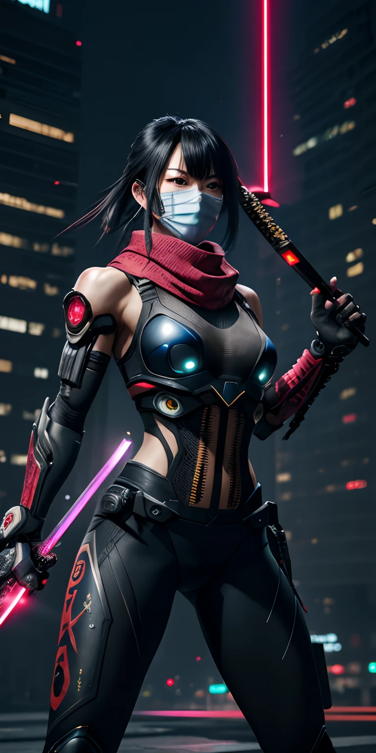 (Raw photo,realistic,photorealistic),dynamic angle,gorgeous,amazing,epic,ultra-detailed,1girl\(mecha\),(techpunkmask:1.2),slim body,kong-fu,black hair,black eyes,Chinese hairstyle,see-through,glowing body,cyberpunk,cyborg ninja,cinematic Lighting,Accent Lighting,dramatic_shadow,ray_tracing,complex clothes and patterns, fighting,(holding laser-katana:1.3),hair-bangs,red long scarf,highly real skin,outdoors, strong dynamic pose, neon lights, beautiful glowing,