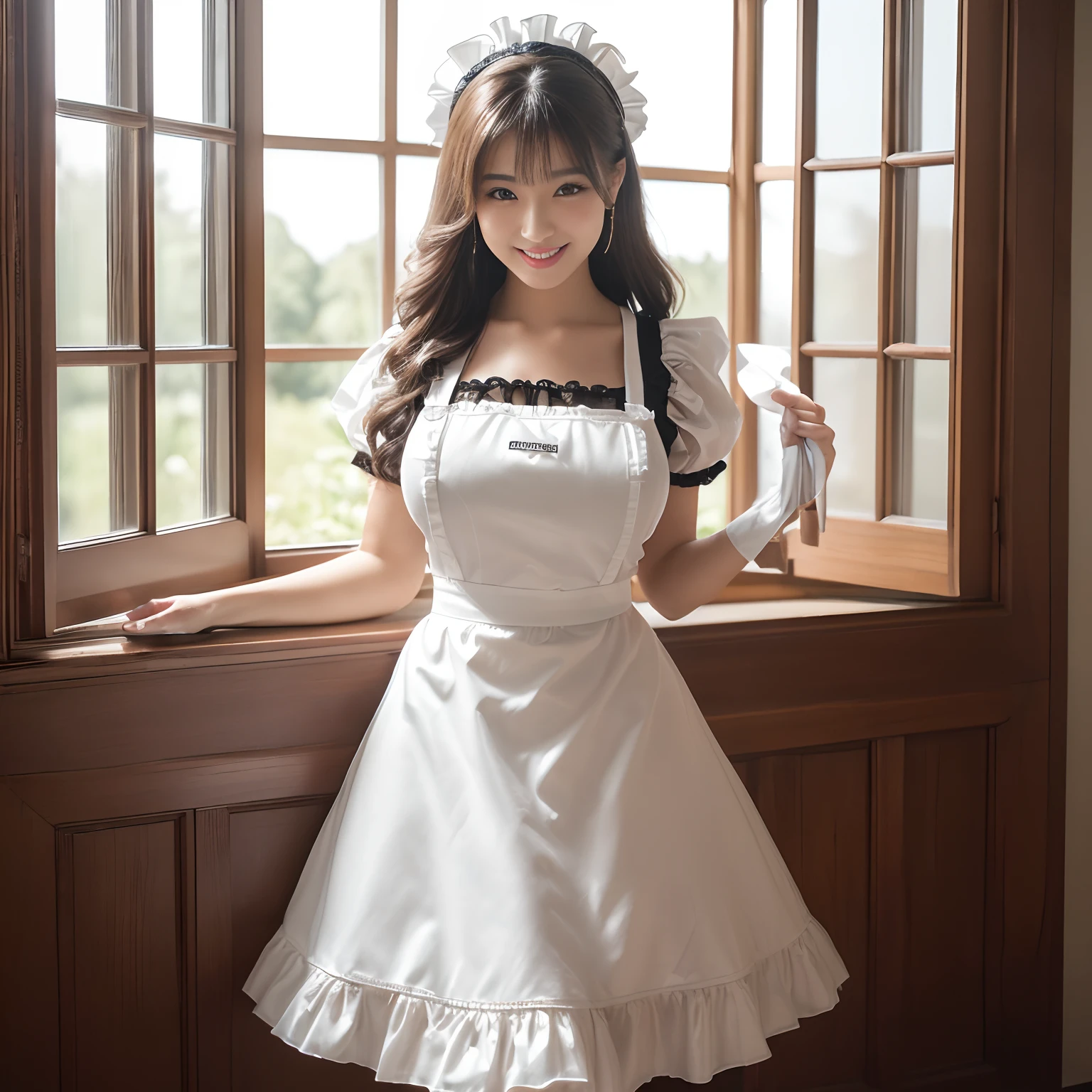((1 Beautiful Maid,Adult maid,20yr old,Half Japan and half Spanish,victorian maid, black and white maid uniform,Maid clothes with frills,Maid outfit with big apron,Maid outfit with a big apron,Luxury Maid Clothing,Long skirt, Victorian Maid Costume,Wearing maid clothes)),((((Standing by the window,Stand by a large window,I'm wiping down the window,Cleaning windows,Cleaning the windows with a elephant,Cleaning windows,Huge windows,I have zoukin,)))),((The background is a room in a large mansion,Detailed interior decoration of luxury mansions in Japan,Japan Mansion,Very large room,)),(Emphasize body lines,large full breasts,Big breasts that are about to burst,stares at the camera,smil,A smile,Looking at the camera,Top image quality, Top image quality, masterpiece, White teeth,stares at the camera,high-definition RAW color photography, professional photograpy, extremely delicate and beautiful, Extremely detailed,finely detail, Huge file size,Top image quality,8K,Photos taken with a single-lens reflex camera)