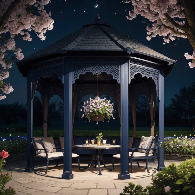An openwork dark blue gazebo stands in the center of a blooming garden, inside the table with drinks and food, Benches ,with a night moon
