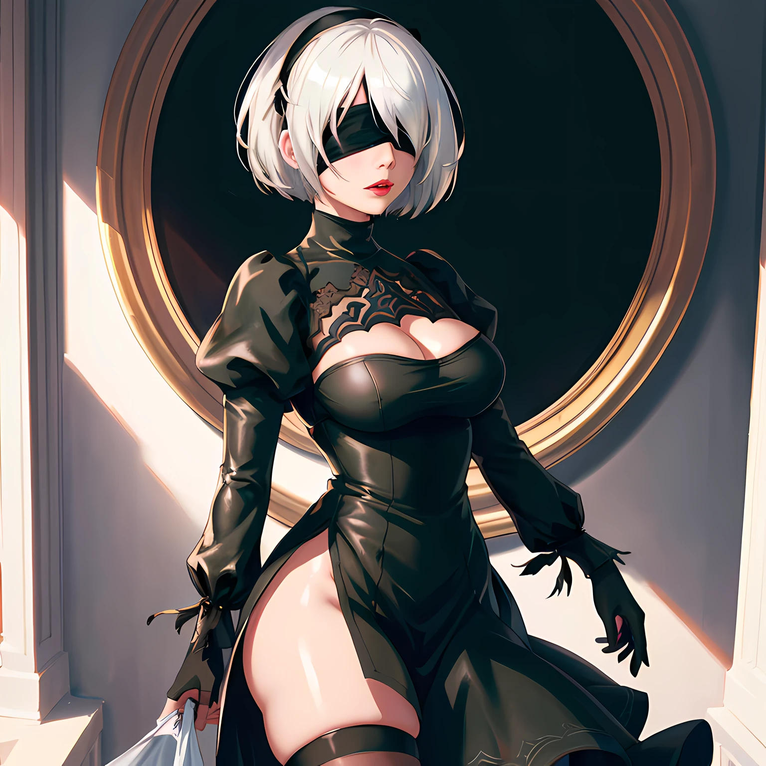 YoRHa2B,masterpiece, (photorealistic:1.4), best quality, beautiful lighting,1girl, wlop, ((blindfold)), breasts, cleavage, cleavage cutout, clothing cutout, green background, hair between eyes, hairband, highres, juliet sleeves, long sleeves, nier \(series\), nier automata, (puffy sleeves), red lips, shaded face, short hair, solo, turtleneck, upper body, white hair, sky RAW photo, 8k uhd, film grain