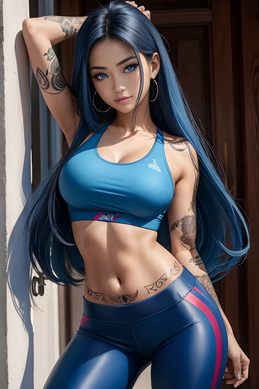 a woman with tattoos on her arms and chest posing for a photo, Coberto, Garota sexy, atraente, Modelo do Instagram, Tatuado, Anna Nikonova aka Newmilky, mulher linda, corpo tatuado, com tatuagens, sexy :8, corpo intrincado, meninaez escura, beleza de cair o queixo, linda mulher bonita, Asian girl, Beautiful Asian girl, beleza de cair o queixosexo menina, In high s cabelos ruivos, pele branca, with super tight pants and yoga on the back, marking, sorriso fofo, absurdly long blue hair, (Bright Blue Eyes:1.3),