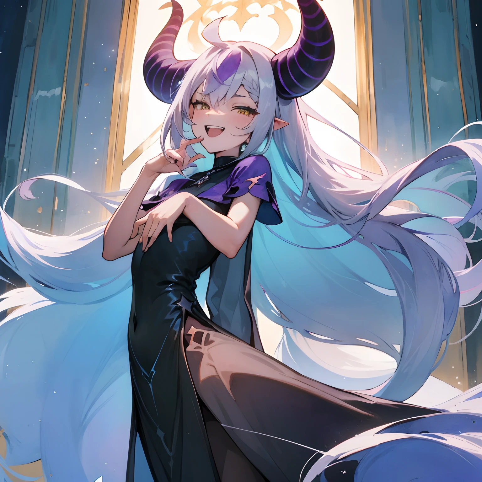 ((Laplus darkness)), ((Masterpiece)), (High Definition:1.3), (Professional Photography:1.2), from front, (flat body), flat chest, (laughing face), (ink and watercolor painting), sparkle, dark dresses, Light blue flower embellishment+(silky long hair:1.2),Sideslit,Look back and smile,hold on a Flower in hand