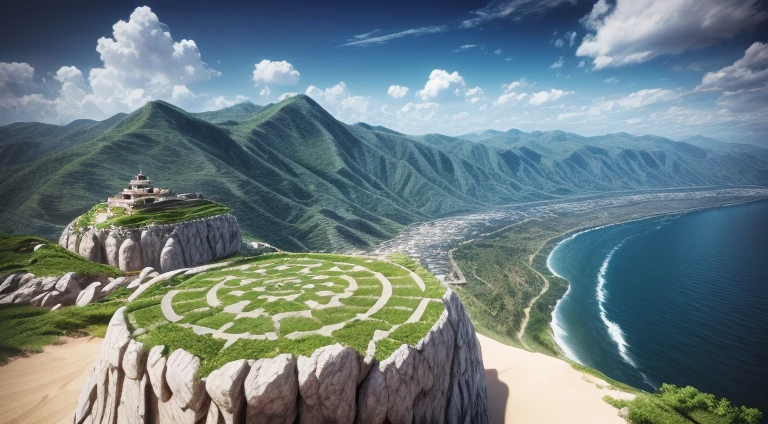 isometria，Modelo de mesa de areia，no outono，with blue sky and white clouds，Green Mountains and Green Water，terraces，colheita de para-choques，fundo branco，arte em papel，a 3D render，extremamente detalhado, (Zentangle:1.2), (geomerty:1.2)，cinematic lighting effects，4k，master part，arte oficial
