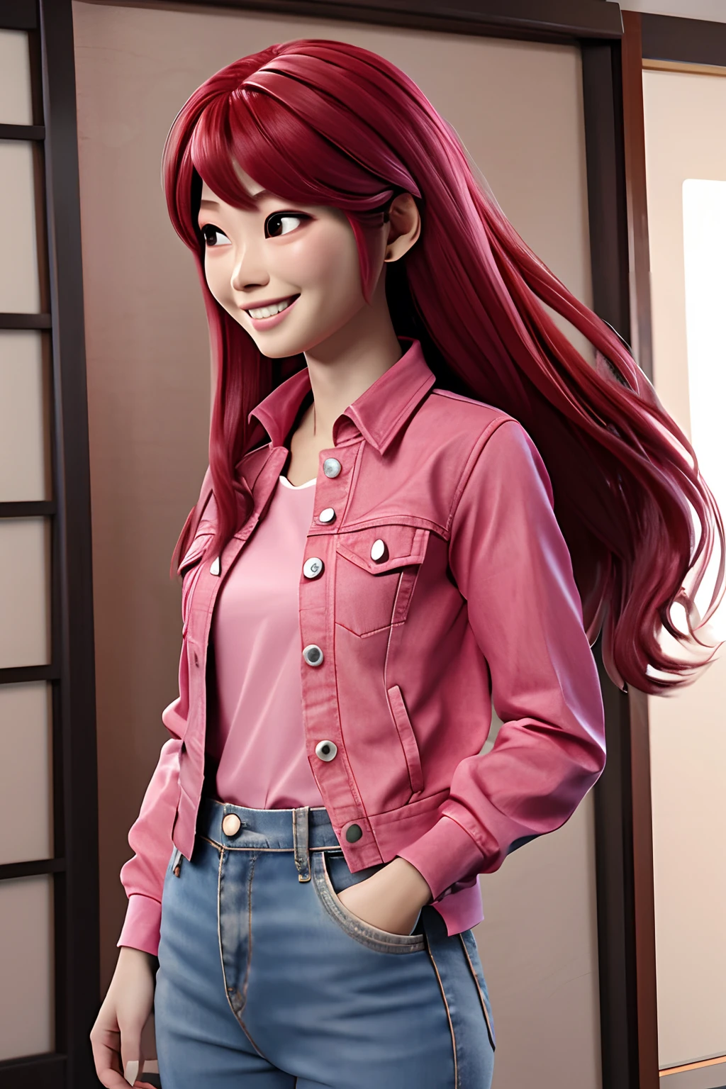 A Japanese woman, with long straight red hair, with a pink blouse and a denim jacket, she is smiling , (melhor qualidade, 4k)