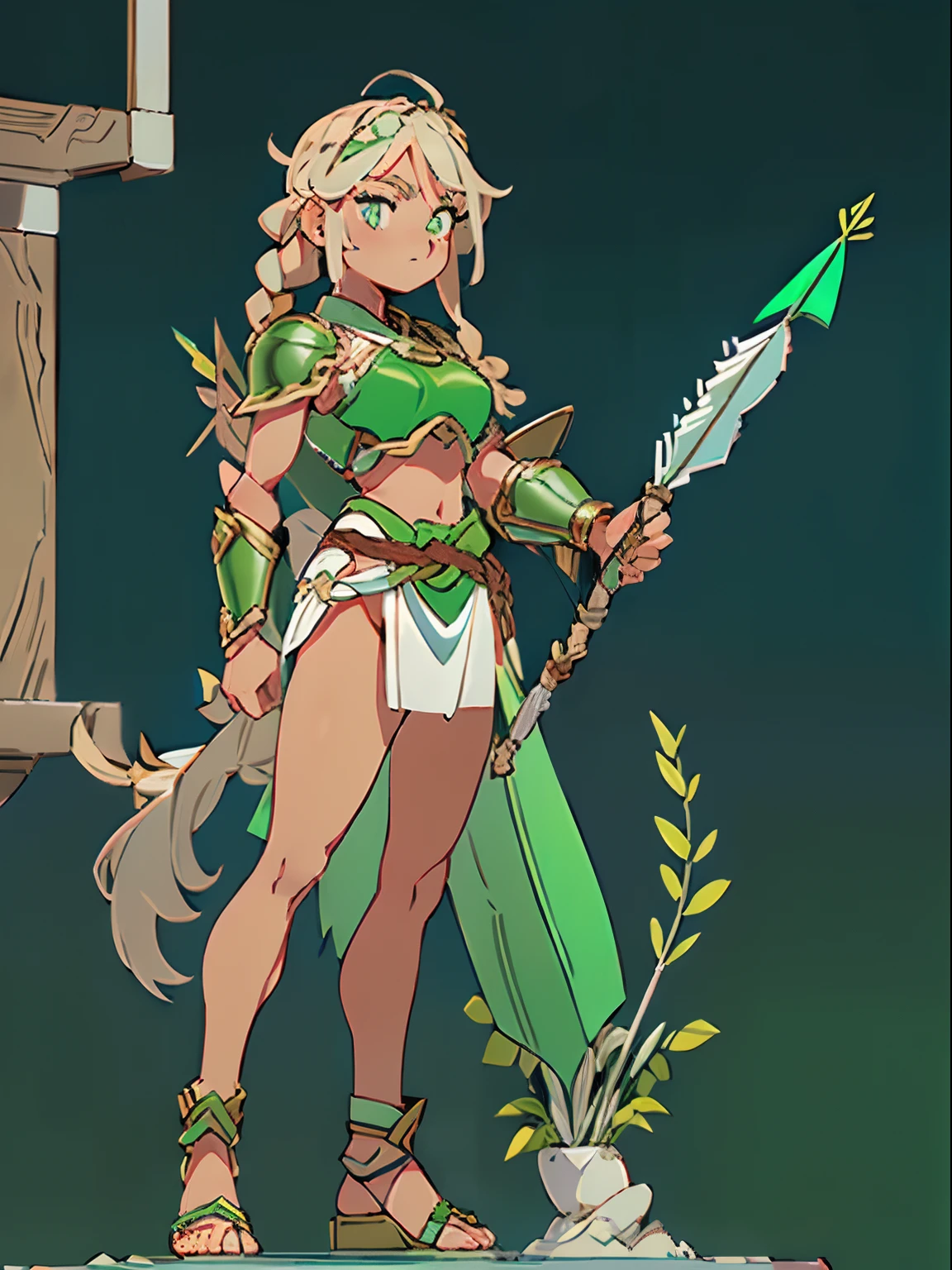 ((1girl, full figure, ancient greek warrior, with blonde braid hair, with emerald green eyes, with light greek silver armour, with white greek tunic, with tanned skin, with bow and arrows, gentle looking, athletic body)), perfect face, masterpiece, best quality, head to toe