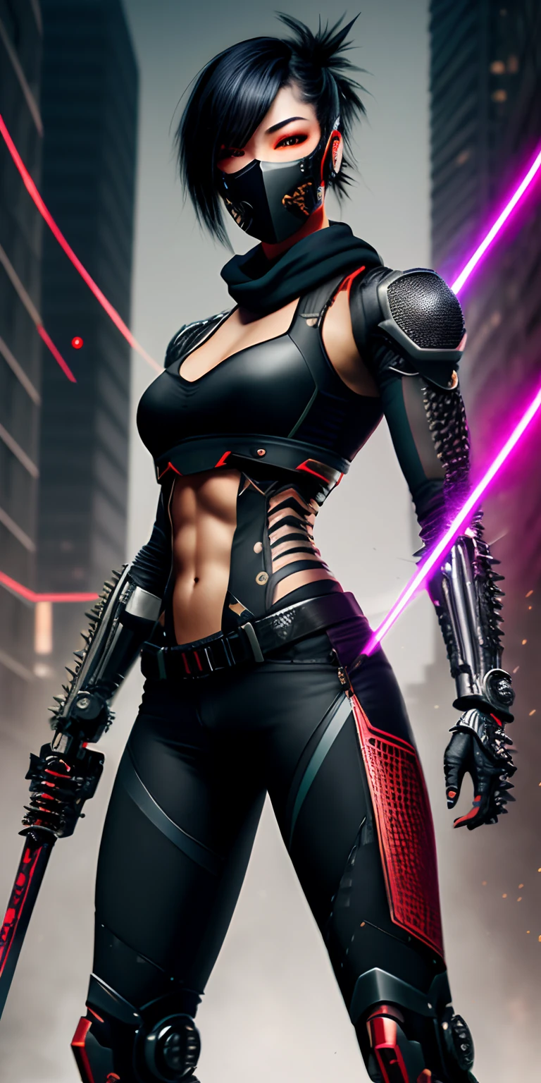 (Raw photo,realistic,photorealistic),dynamic angle,gorgeous,amazing,epic,ultra-detailed,1girl\(mecha\),(techpunkmask:1.2),slim body,kong-fu,black hair,black eyes,Chinese hairstyle,see-through,glowing body,cyberpunk,cyborg ninja,cinematic Lighting,Accent Lighting,dramatic_shadow,ray_tracing,complex clothes and patterns, fighting,(holding laser-katana:1.3),hair-bangs,red long scarf,highly real skin,outdoors, strong dynamic pose, neon lights, beautiful glowing,