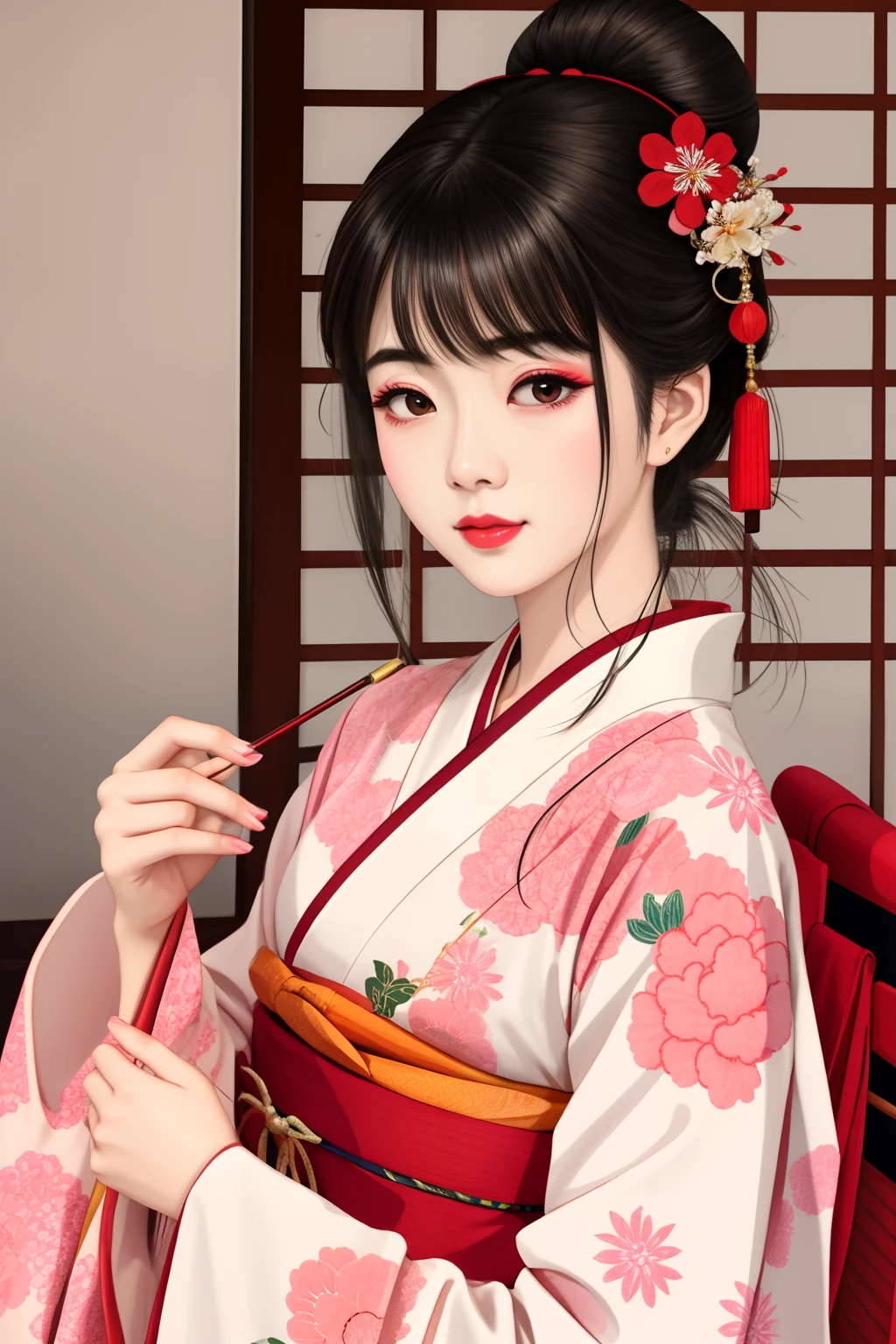 ((Big、a small face、No exposure))、top-quality、masterpiece、(Bun hair Black hair、Ponytail hair)、Brown eyes、⦅From the buttocks up is the whole body、Diagonally horizontal⦆、(4In K、masterpiece、hight resolution、Realistic and beautiful light and shadow、One girl、Solo Focus、(top-quality)、(Hi-Res)、(extremely delicate and beautiful)、(Beautiful 8k face)、(I close my eyes while smiling.)、(独奏)、(Clear skin)、(Soft hair)、(7headed body)、(Japanese style yukata kimono with red and pink floral pattern isolated on white background、Beautiful girl in Japan wearing yukata)、((Hair in a bun))、((Tanabata decoration background))、((a small face))、(reality)、thin and small nose、(red lipsticks)、(Reddening cheeks)、(Lustrous skin)、((Ukiyo-e style))、Ultra-thin eyebrows、Ultra high image quality、(Wearing maiko-style makeup)、skin whitening、long and beautiful lashes、Lustrous skin that changes like a model in a Kyoto magazine、(Red-dyed cheeks),Nasal muscle