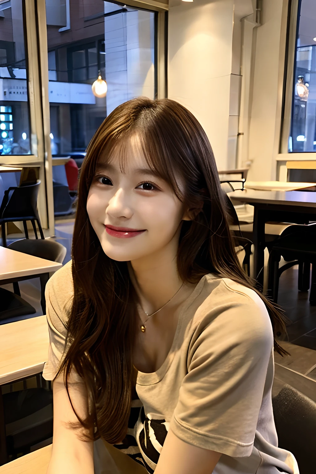 indoors, standing, ((night)),
1girl, (21 yo), (large breasts:1.1), (cleavage:0.8), long hair,
casual clothes, t-shirt, (brown hair), brown eyes,
head rest, indoors, sitting, hand on own cheek, table, smile, closed mouth