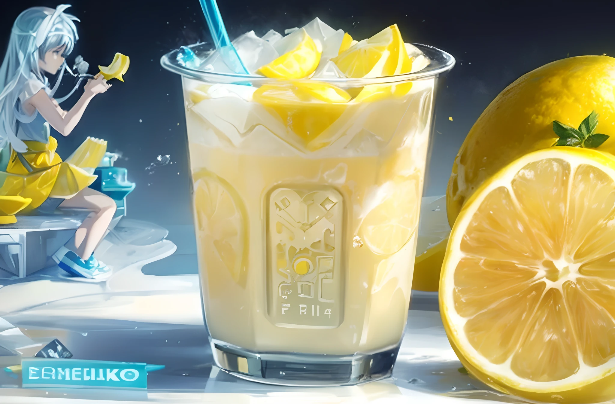1cup, yellow, ((lemon)), milk, fresh lemon milkshake, ice cube, summer theme