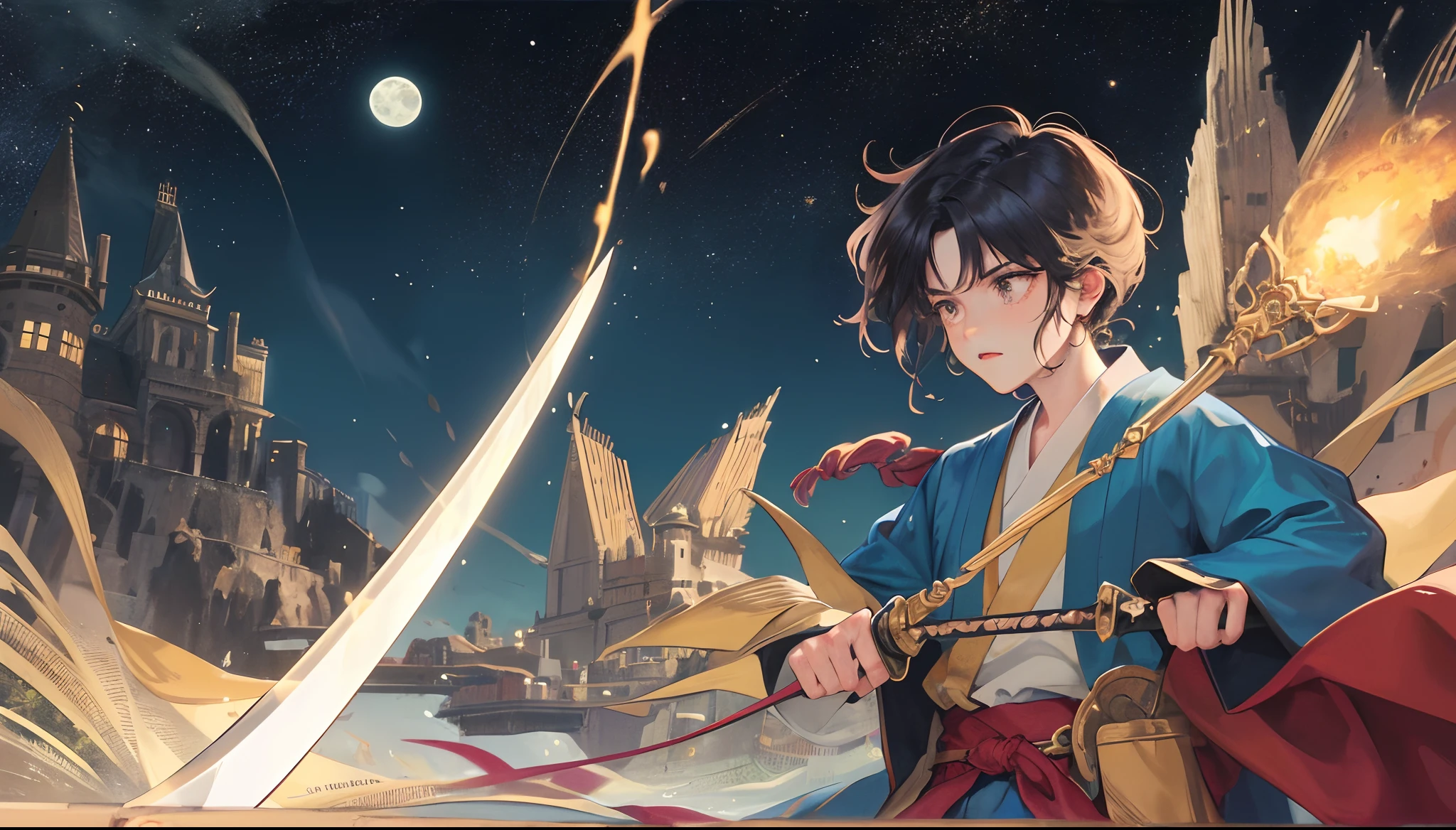 Illustration style of foreign novels of the 80s Detailed Realistic Many lines Very delicate A large mountain that seems to be inhabited by a wizard Long distance Moonlit night A swordsman on his way to defeat a wizard