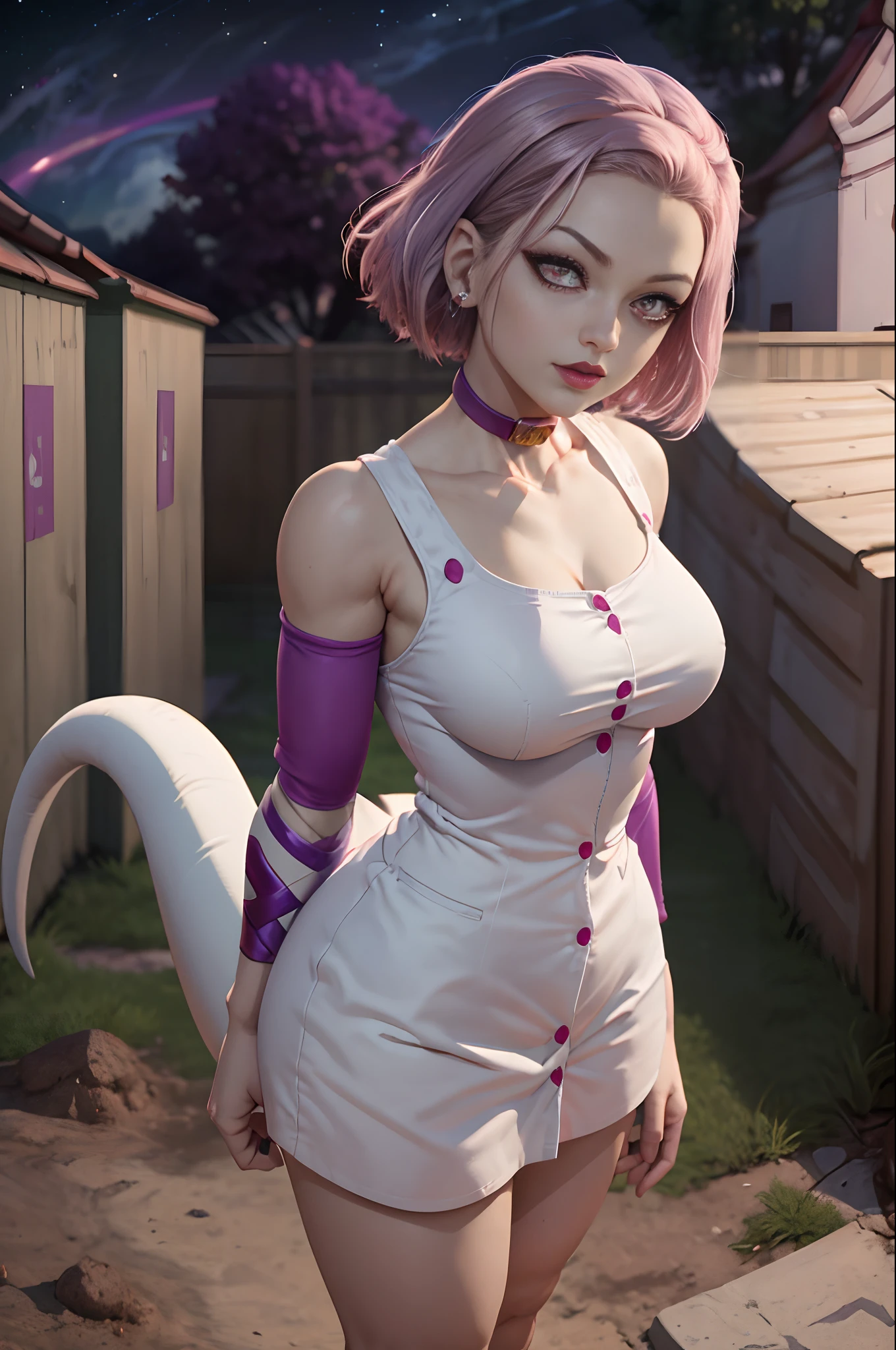 masterpiece, best quality, outdoor, cosmieyes, reimisugimotojojo + Frieza, fusion, 1girl, solo, looking at viewer, upper body, purple hair, white skin, reddish pink eyes, clenched hands, earth \(planet\), full body, looking at spectator, female focus, tail, planet, soil, space