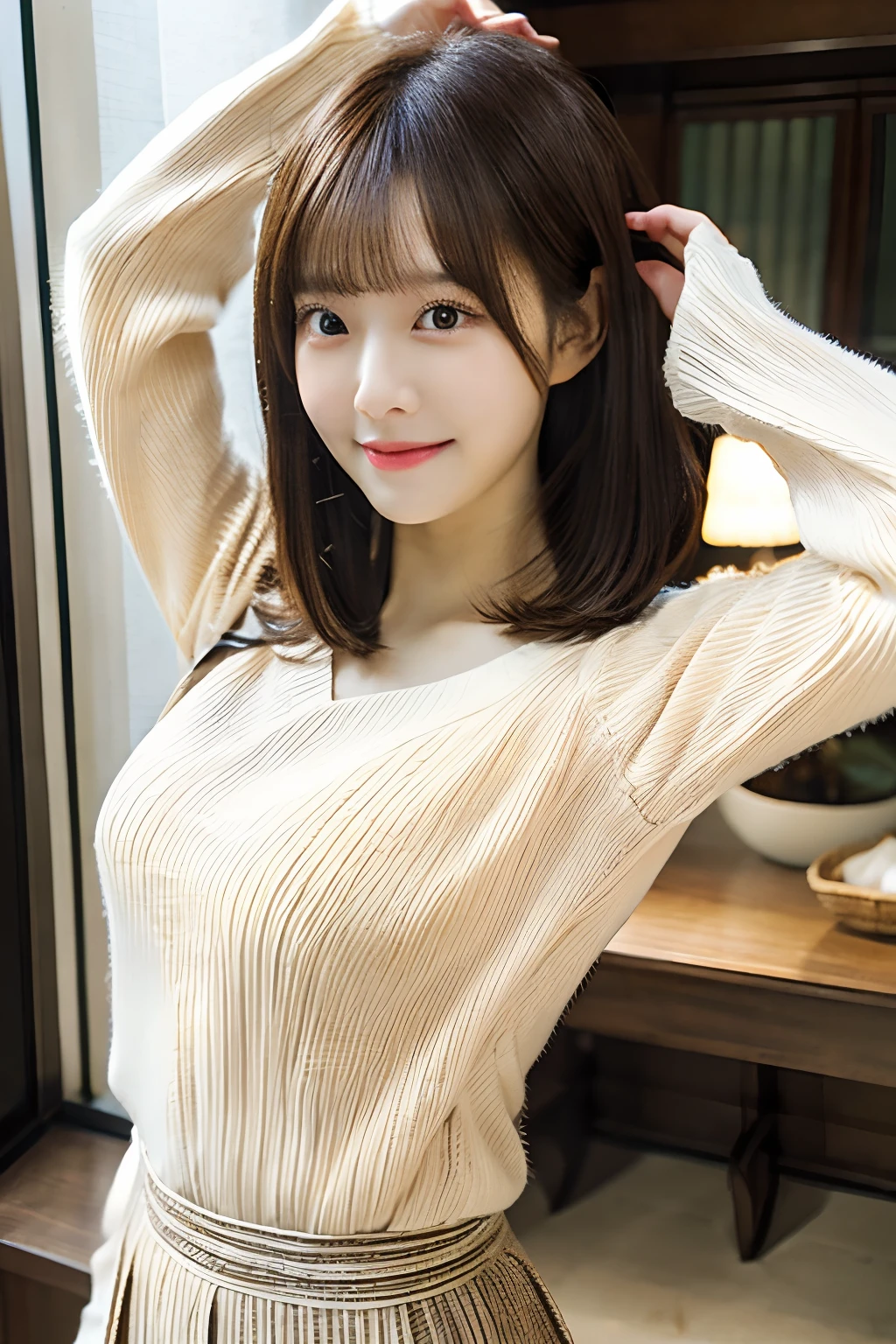 (8K, Best Quality, Masterpiece: 1.2), (Realistic, Photorealistic: 1.37), Super Detail, 1 Girl, 20 years old, Big, Beauty, Cute, Smile, Fashionable Cafe, Strawberry Parfait, Coffee, (Redness of the Nose), (Smile: 1.15), (Mouth Closed), Beautiful Eyes, (Long Hair: 1.2), Floating Hair Novafrog style, upper body