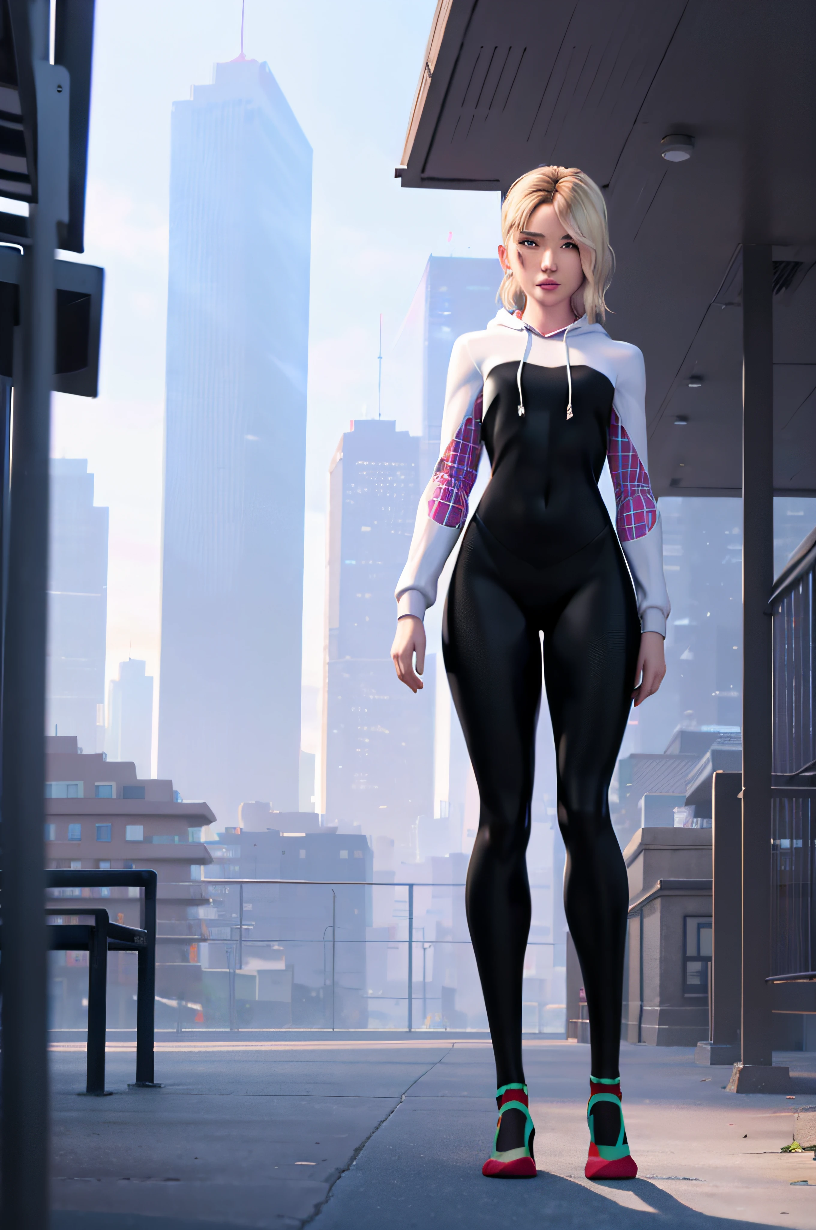 A realistic, hyperrealistic Spidergwen with athletic muscle, textured saturated white black and pink trage, (best quality,4k,8k,highres,masterpiece:1.2),ultra-detailed,(realistic,photorealistic,photo-realistic:1.37),professional,vivid colors,bokeh, full body, tight leotard wedge in vagina, vulva, clitoral hood, vagina, cameltoe