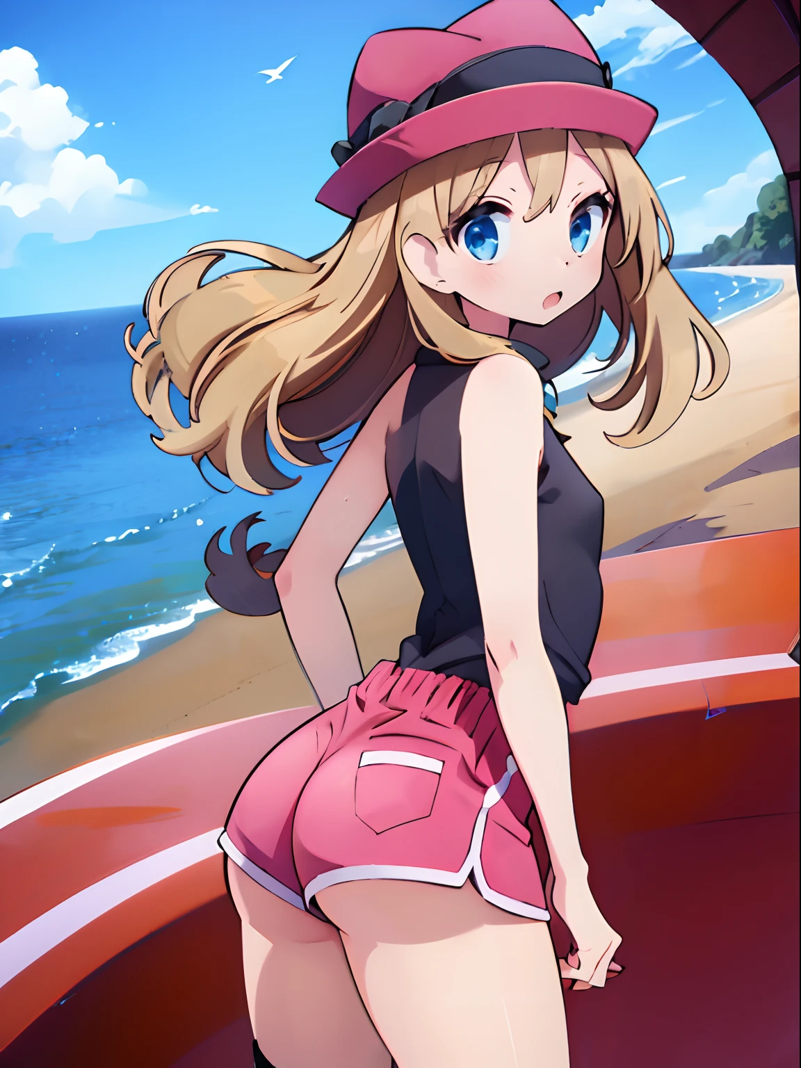 1girl, erotic, nsfw, 18+, small dolphin shorts, pink shorts, looking back, ass, pantyshot,, masterpiece, best quality, highly detailed, brown hair, blue eyes, red hat