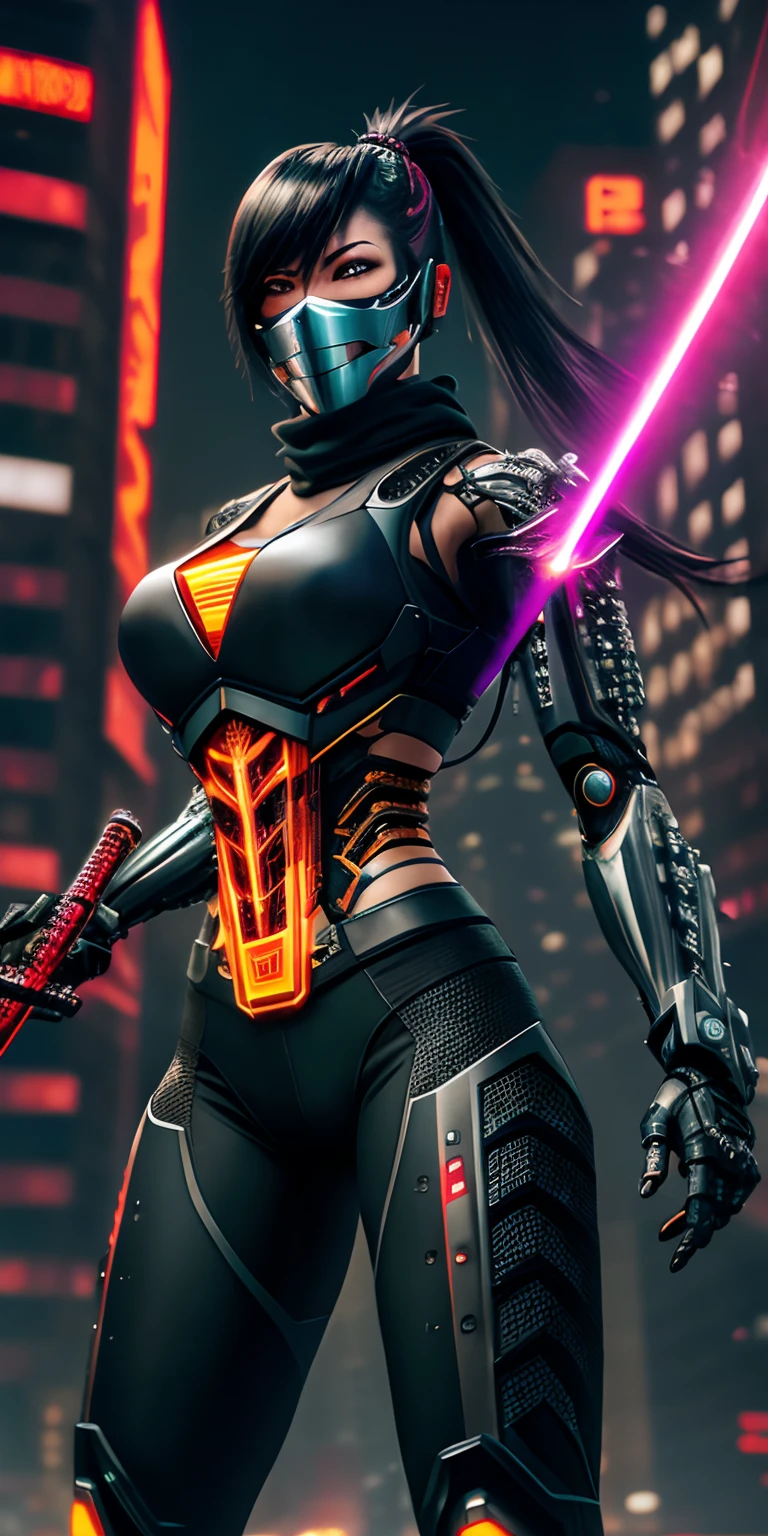 (Raw photo,realistic,photorealistic),dynamic angle,gorgeous,amazing,epic,ultra-detailed,1girl\(mecha\),(techpunkmask:1.2),slim body,kong-fu,black hair,black eyes,Chinese hairstyle,see-through,glowing body,cyberpunk,cyborg ninja,cinematic Lighting,Accent Lighting,dramatic_shadow,ray_tracing,complex clothes and patterns, fighting,(holding laser-katana:1.3),hair-bangs,red long scarf,highly real skin,outdoors, strong dynamic pose, neon lights, beautiful glowing,