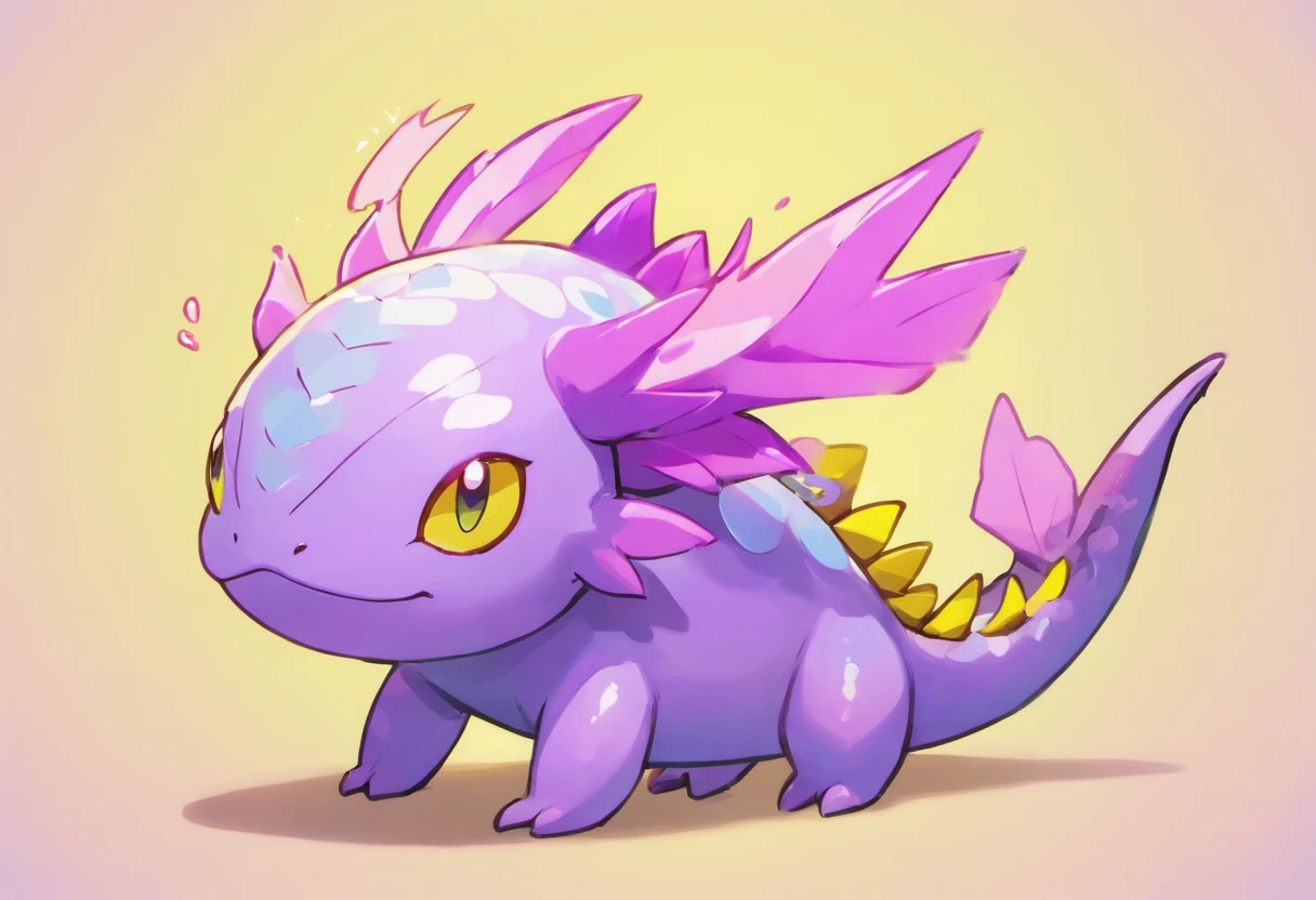 A digimon that vigorously grew a tail brimming with curiosity and rushes to what catches its interest , colors are primarily cream-tan with purple stripes red marking and blue eyes, background field