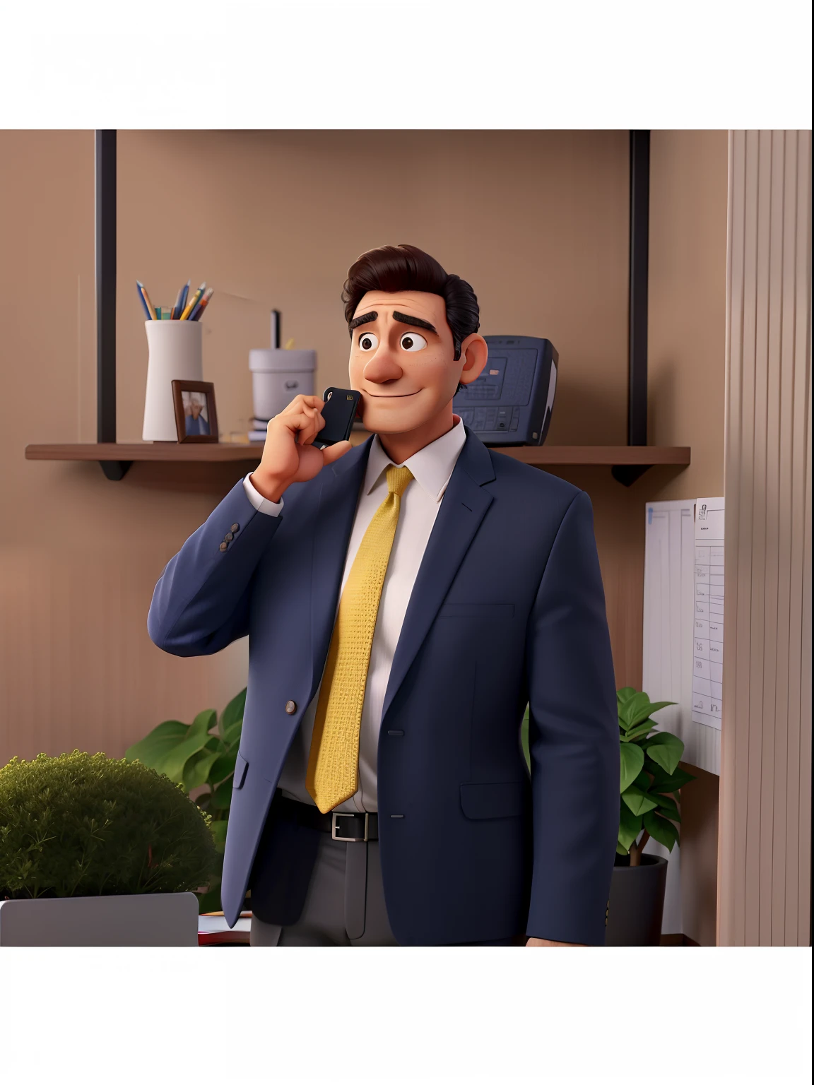 Um homem com 50 anos, com terno, falando no celular, in an office.