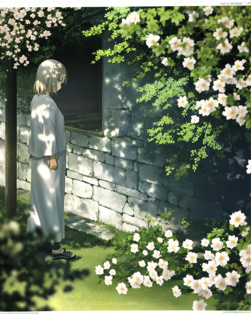 TAKEUCHI TAKASHI, 1girl, public_indecency, glowing_eyes, light_particles, looking_at_viewer, ((masterpiece,best quality)), blurry background, branch, dappled sunlight, flower,