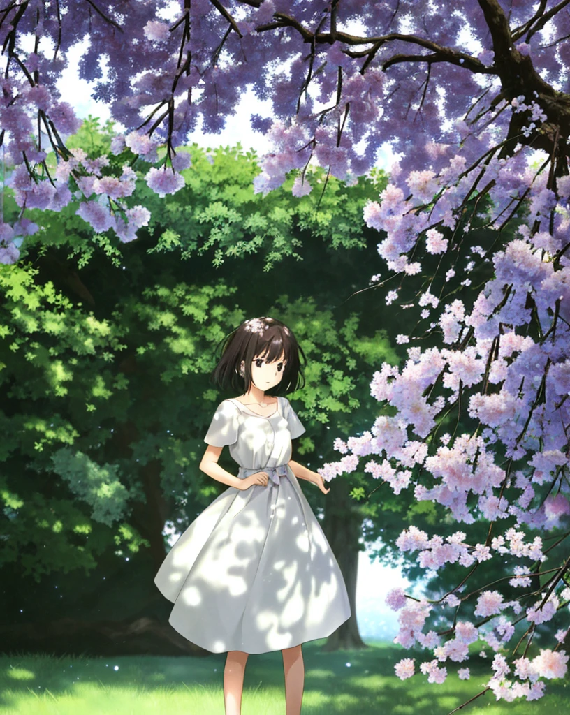TAKEUCHI TAKASHI, 1girl, public_indecency, glowing_eyes, light_particles, looking_at_viewer, ((masterpiece,best quality)), blurry background, branch, dappled sunlight, flower,