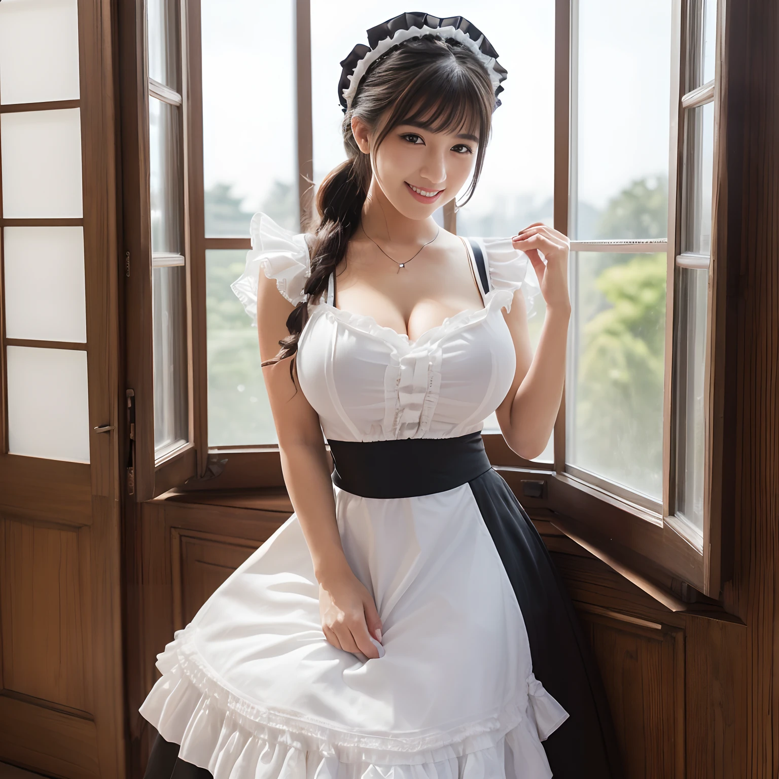 ((1 Beautiful Maid,Adult maid,20yr old,Half Japan and half Spanish,victorian maid, black and white maid uniform,Maid clothes with frills,Maid outfit with big apron,Maid outfit with a big apron,Luxury Maid Clothing,Long skirt, Victorian Maid Costume,Wearing maid clothes)),((((Standing by the window,Stand by a large window,I'm wiping down the window,Cleaning windows,Cleaning the windows with a elephant,Cleaning windows,Huge windows,I have zoukin,)))),((The background is a room in a large mansion,Detailed interior decoration of luxury mansions in Japan,Japan Mansion,Very large room,)),(Emphasize body lines,large full breasts,Big breasts that are about to burst,stares at the camera,smil,A smile,Looking at the camera,Top image quality, Top image quality, ​masterpiece, White teeth,stares at the camera,high-definition RAW color photography, professional photograpy, extremely delicate and beautiful, Extremely detailed,finely detail, Huge file size,Top image quality,8K,Photos taken with a single-lens reflex camera)