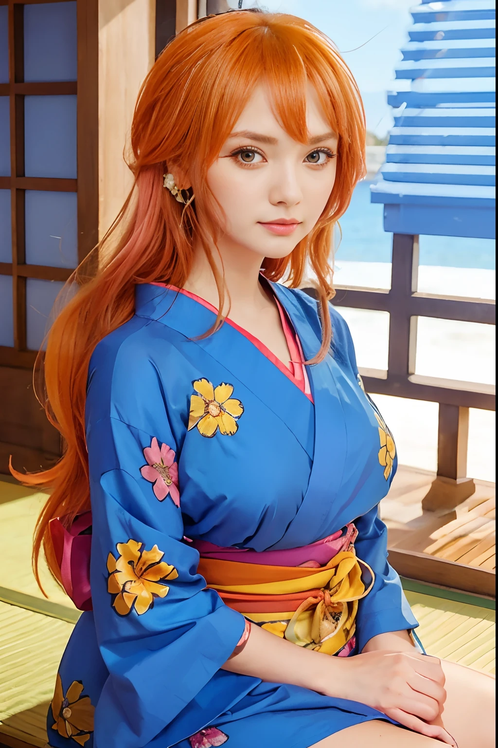 Nami Realistic Wear Blue Kimono with Yellow Floral Motif and Pink Very Detailed and Perfect