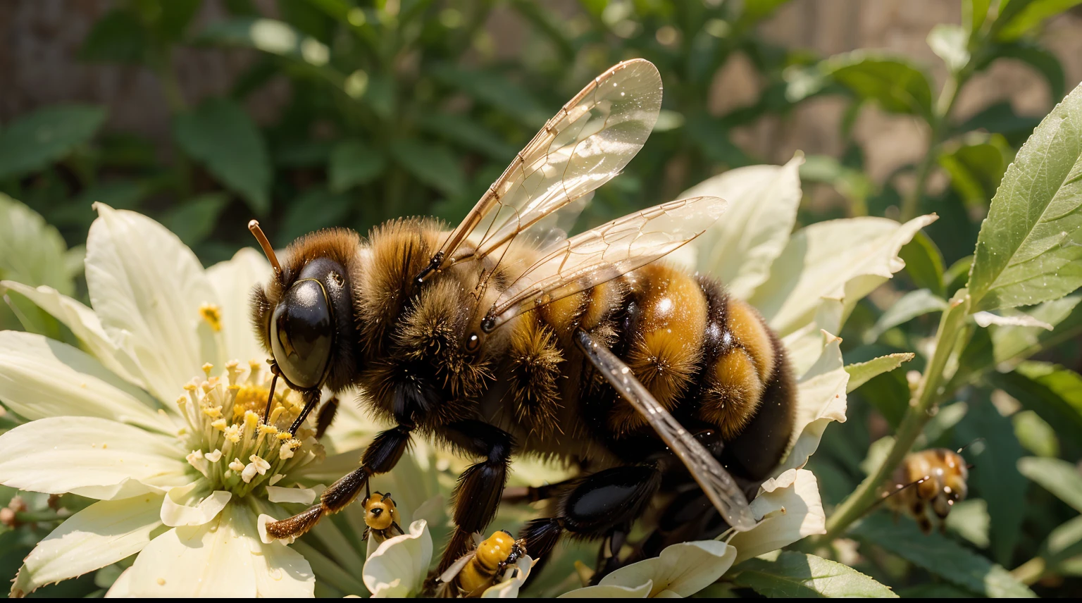 Masterpiece, Highest Quality, Ultra-Detailed, Hyper-Real, 16K, High-Resolution, bees, macro photo, macro photo bees, nature, blur background, nature background,