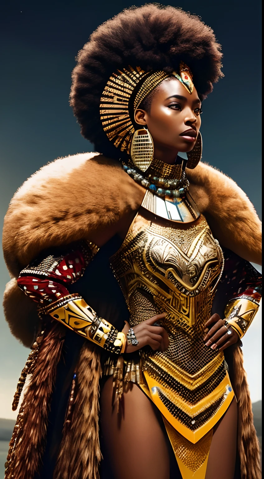 Afrofuturistic African warrior queen in second-skin costume imitating Zulu collar with pheasant feathers, Beads & Beads, mirrored metal parts with Zulu design and Zulu crown