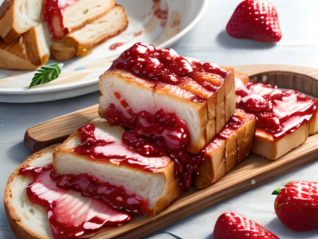 Bread toast, ((strawberry jam)), strawberry, sugar, colorful, pastel color