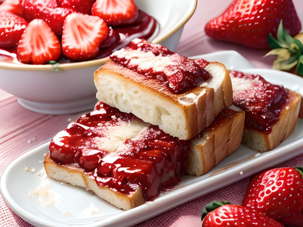 Bread toast, ((strawberry jam)), strawberry, sugar, colorful, pastel color
