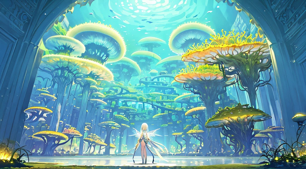 Masterpiece, High Quality, Ocean Forest, City, Fantastic Fantasy, Glowing Plants, Coral Viaduct, (Swarm of Glowing Jellyfish), (Shoal of Fish with Transparent Wings Flying in the Sky), Misty, Extreme Detail, Morning Light, Epic Composition, (Intricate Detail), (Intricate Design, Ultra Detail: 1.2), Art Station, (Masterpiece, Best Quality), Ultra HD, 32k ,castle,1girl --v 6