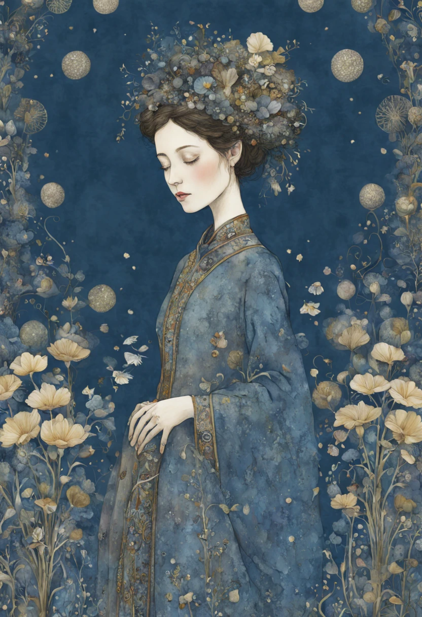 "magical whimsical illustration of a hand painted illustration of a sympahatetic character in the world of tomorrows futures past, indigo background, high resolution, fine detailed textures in the mix style of Jane Crowther - BAHMAN - Iris Esther"