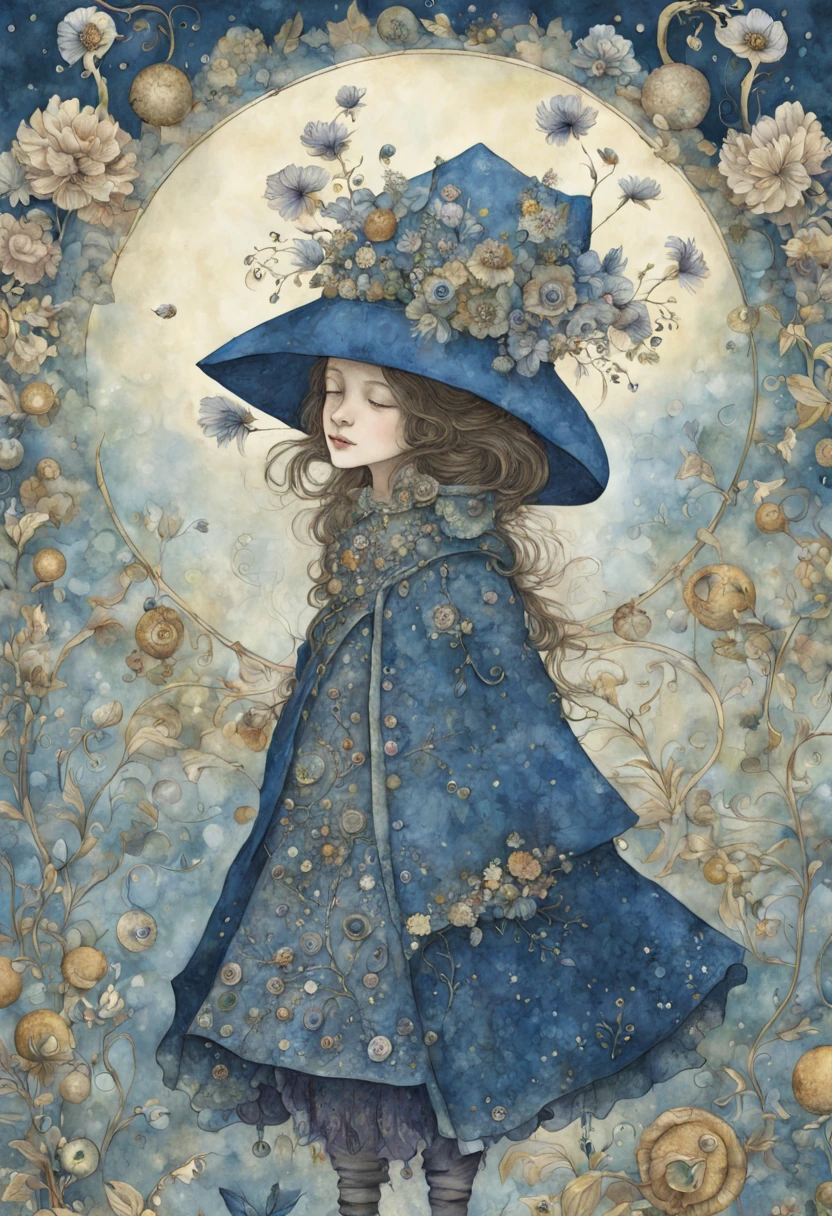 "magical whimsical illustration of a hand painted illustration of a sympahatetic character in the world of tomorrows futures past, indigo background, high resolution, fine detailed textures in the mix style of Jane Crowther  - BAHMAN - Iris Esther"