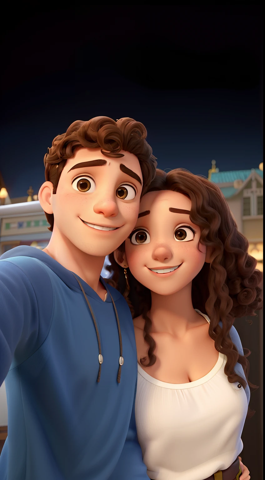 Casal feliz igual filme da Disney amor, casal tirando selfie, casal com olhos castanhos, Young man with straight hair, Girl with curly hair, Girl with slightly brown skin