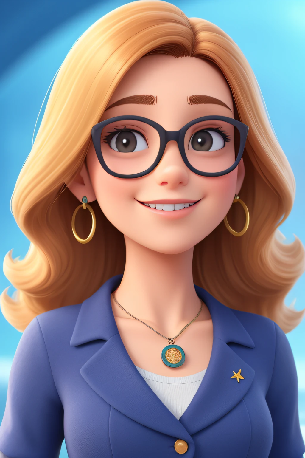 Uma mulher de 40 anos, com longos cabelos amarelo, Rosto redondo, sorriso encantador, e olhos azuis, Wearing blue glasses.