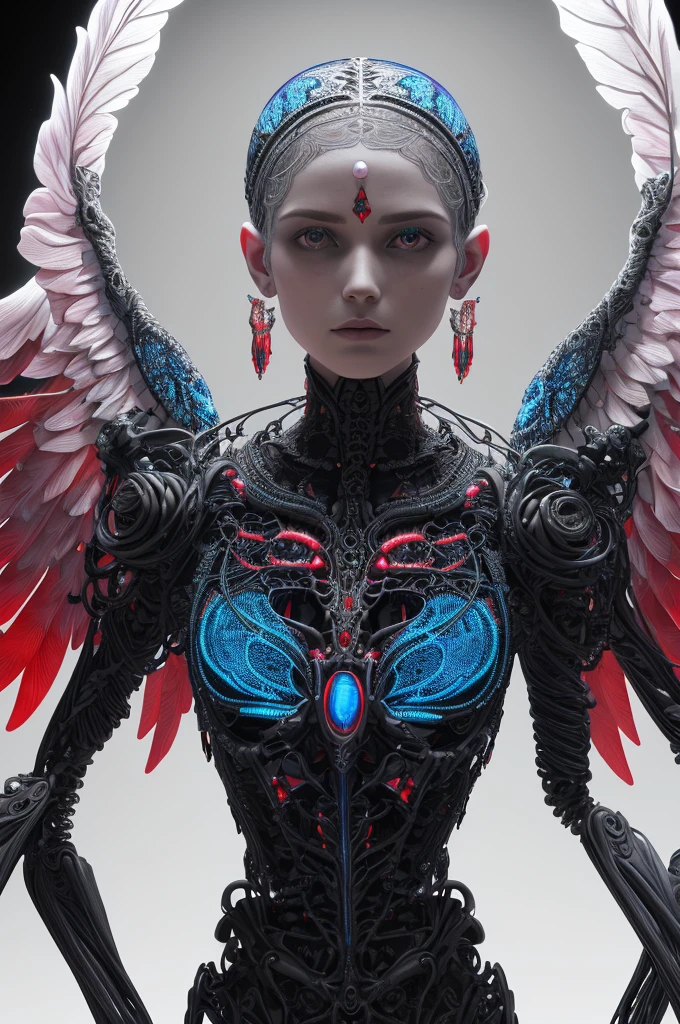 Intricate 3D rendering of the beautiful angel of death、biomechanical cyborg、Analog 150mm lens、Nice natural soft edge light、Neon veins、Root、Delicate leaf lace、Color details、Boris Bidjan Saberi costume、Pearl earrings、nipple piercing、Art Nouveau fashion embroidery、intricately details、Mesh lines、Mandelbrot fractal、face muscles、electric cables、micro Chip、lotr、hyper realisitc、octane,Volumetriclighting,8K and post-production,Red white with a bit of black,Metal skeleton detail,Half-human,irridescent,Glenn Brown style,Futuristic room、The power of God、high-angle shot、Complex body posture,chinesedragon,Chinese Phoenix