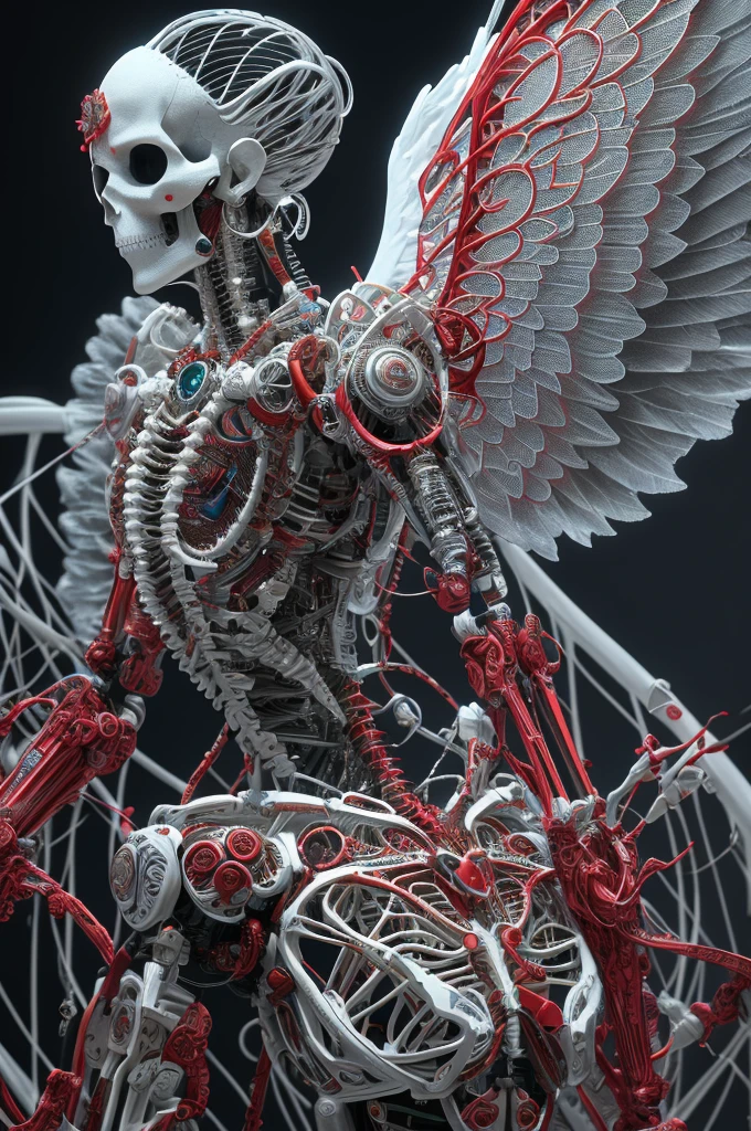 Intricate 3D Rendering Ultra Detailed Beautiful Angel of Death, Biomechanical Robot, Simulated 150mm Lens, Beautiful Natural Soft Rim Light, Neon Veins, Roots, Delicate Leaf Lace, Colorful Details, Boris Bidjan Saberi Costume, Pearl Earrings, Piercings , art nouveau fashion embroidery, intricate details, mesh lines, mandelbrot fractals, facial muscles, cables, microchips, thugs, surreal, octane, volumetric lighting, 8k and post production, red white with a bit Black, metal skull detail, half human figure, iridescent, Glenn Brown style, futuristic room, god power, high angle shot, complex body poses