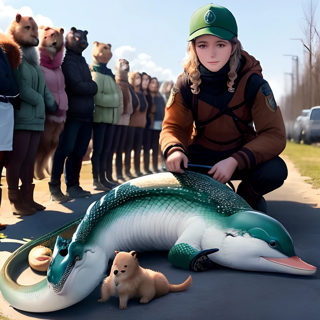 Un animal avec une tête de dauphin sur un corps de chien avec des pattes d'ours, une queue de serpent et des ailes d'aigle